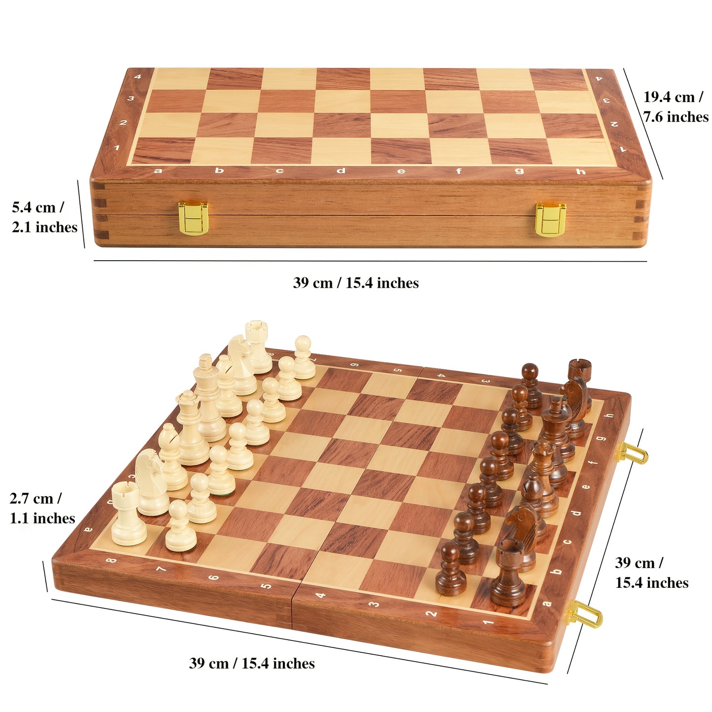 Chess / 15" x 15" Premium Folding Chess Set - Handcrafted Solid Wood Pieces, Classic Design with Black & White Checkers, Includes 2 Rooks, 2 Knights, 2 Bishops, 2 Queens, 1 King, 1 Knight, 1 Bishop, 1 Queen, 1 King - Ideal Gift for H