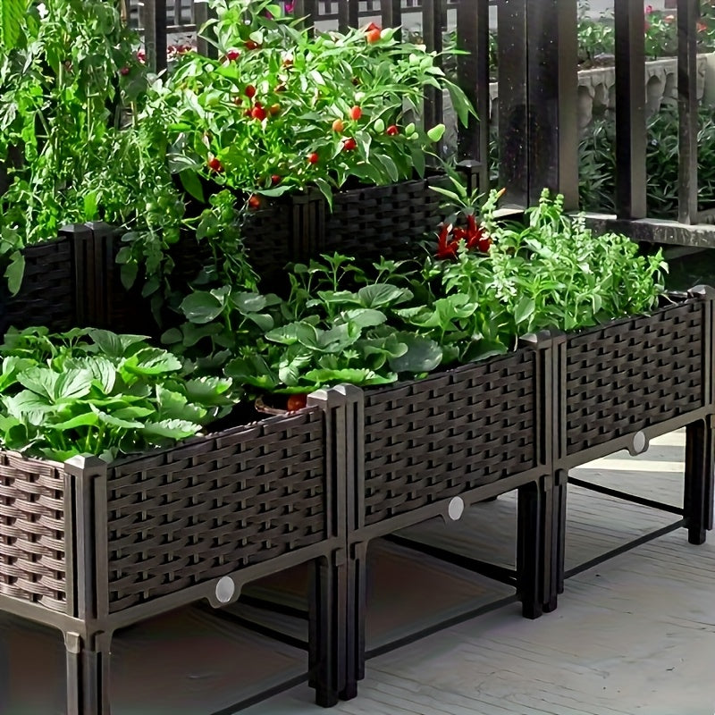 3pcs Elevated Garden Beds with Legs - Classic Woven Black Plastic Planter Boxes, Lightweight & Durable Multi-Component Design for Outdoor Flowers, Vegetables, Herbs - Raised Bed Gardening for Improved Drainage & Pest Protecti