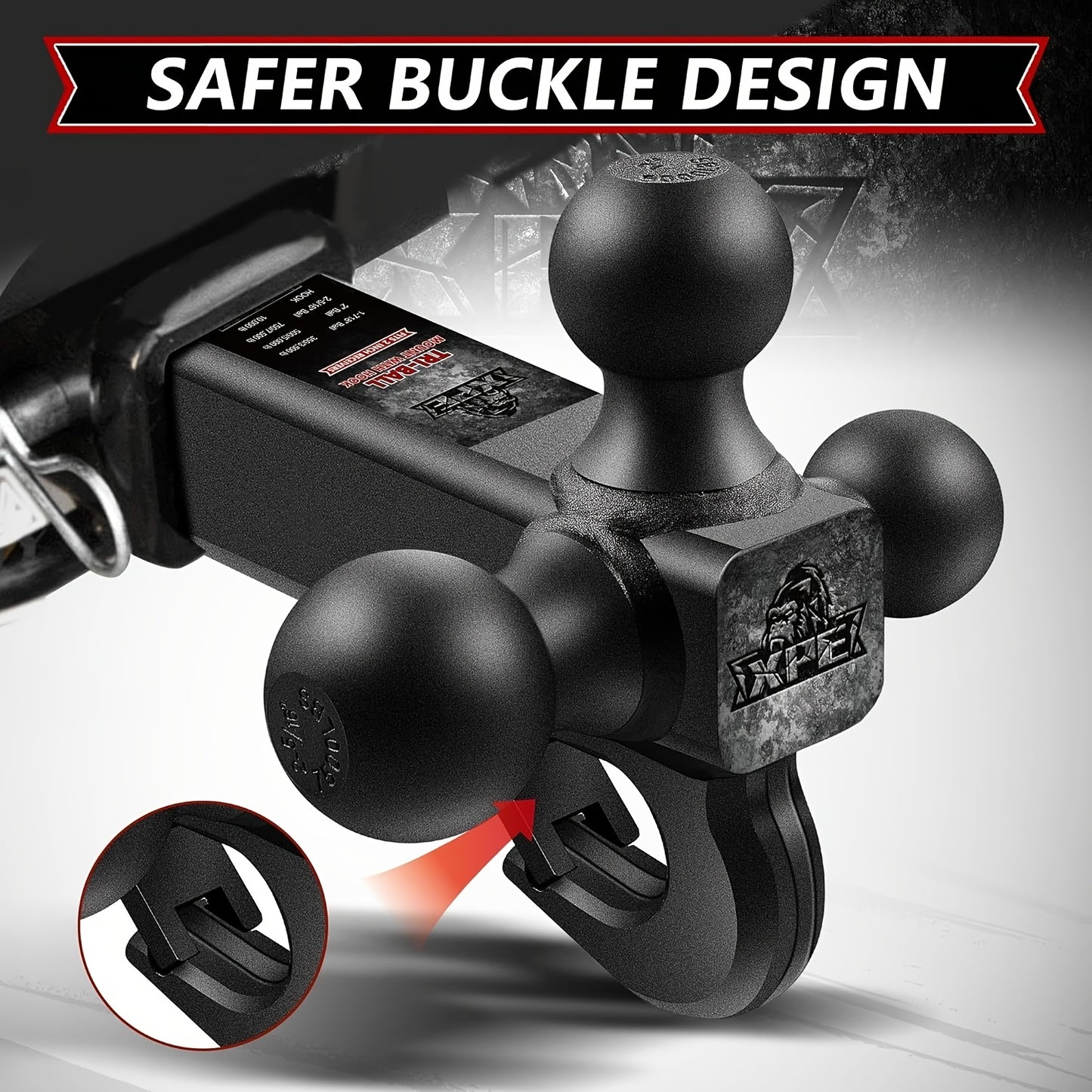 Trailer Hitch Tri Ball Mount with Hook, Fits 2" Hitch Receiver, 1-7/8", 2"& 2-5/16"Matt Black Plated Balls, Secure with Self-Lock Latch, 10, 000 LBS GTW, for RV, SUV, ATV And Truck Etc, XPE
