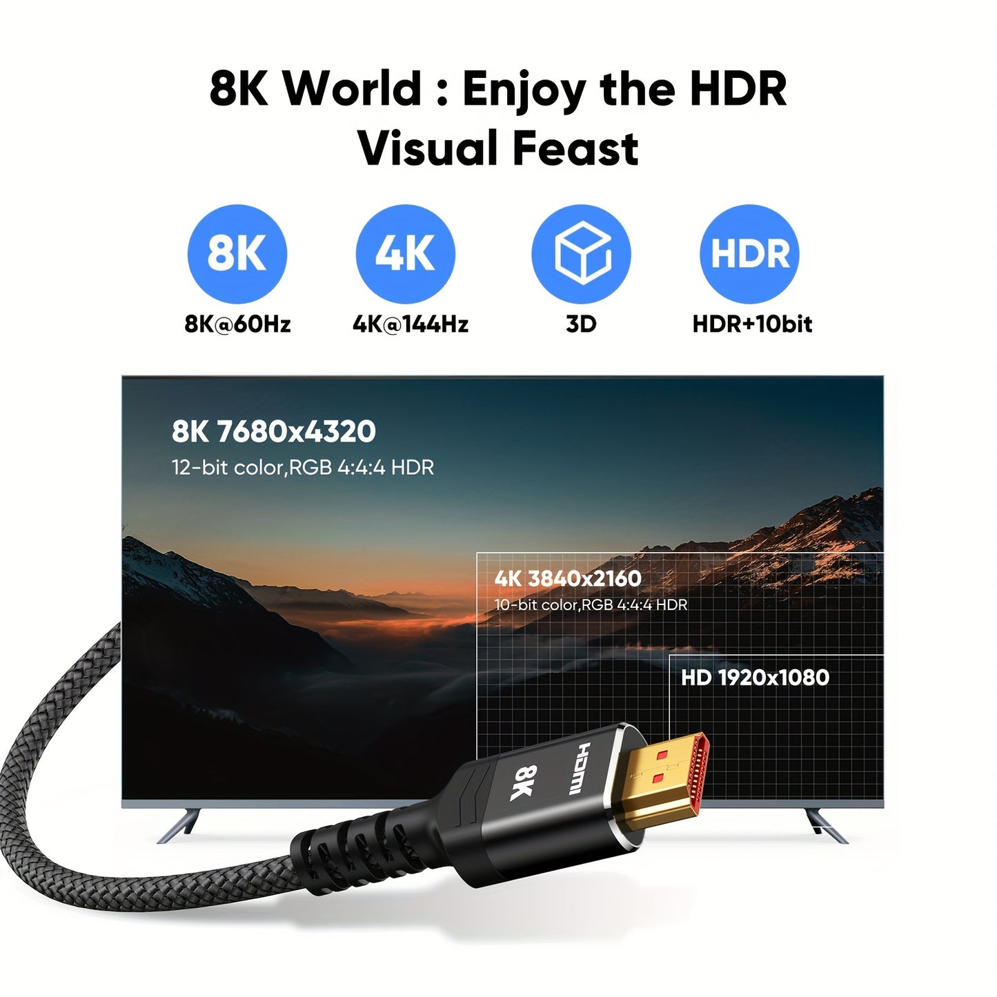 2-Pack 8K 10K HDTV Cable 3.3ft/6.6ft/10ft, 48Gbps High Speed HDTV 2.1 Cord Nylon Braided Slim 8K@60Hz, 4K@120Hz 144Hz, HDCP 2.2&2.3, eARC, Dynamic HDR, DTS:X, RTX 3090, Compatible with Roku TV/HDTV/PS5/Blu-ray