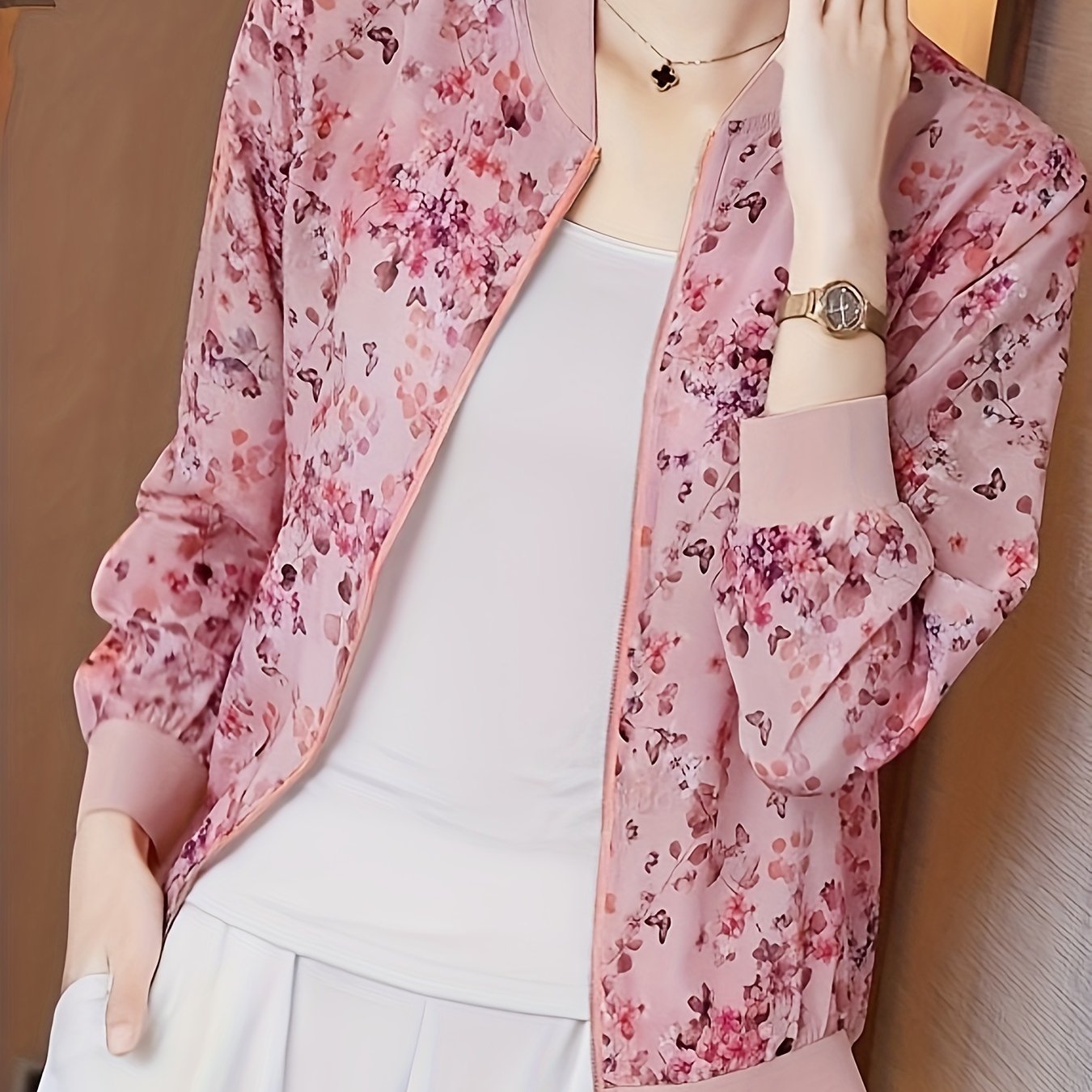 Floral Print Zip Up Lightweight Jacket, Casual Long Sleeve Baseball Collar Outerwear For Spring & Summer, Women's Clothing