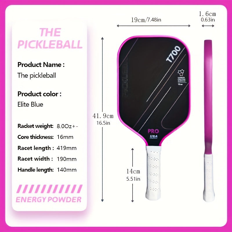 Pickleball, 1pc T700 Carbon Fiber Pickleball Paddle - Pink, Cold Pressed with Cloth Pattern Finish, 16mm Profile, Textured Surface for Powerful Spin and Balance