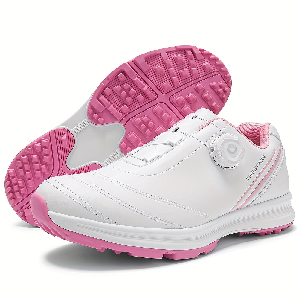 Golf Shoes, THESTRON Women's Professional Golf Shoes - Anti-Slip, All-Season, Large Size 36-43, White & Pink Design with Geometric Pattern, Durable PU Upper & Rubber Sole for Outdoor Golf Training, Ladies Golf Shoes