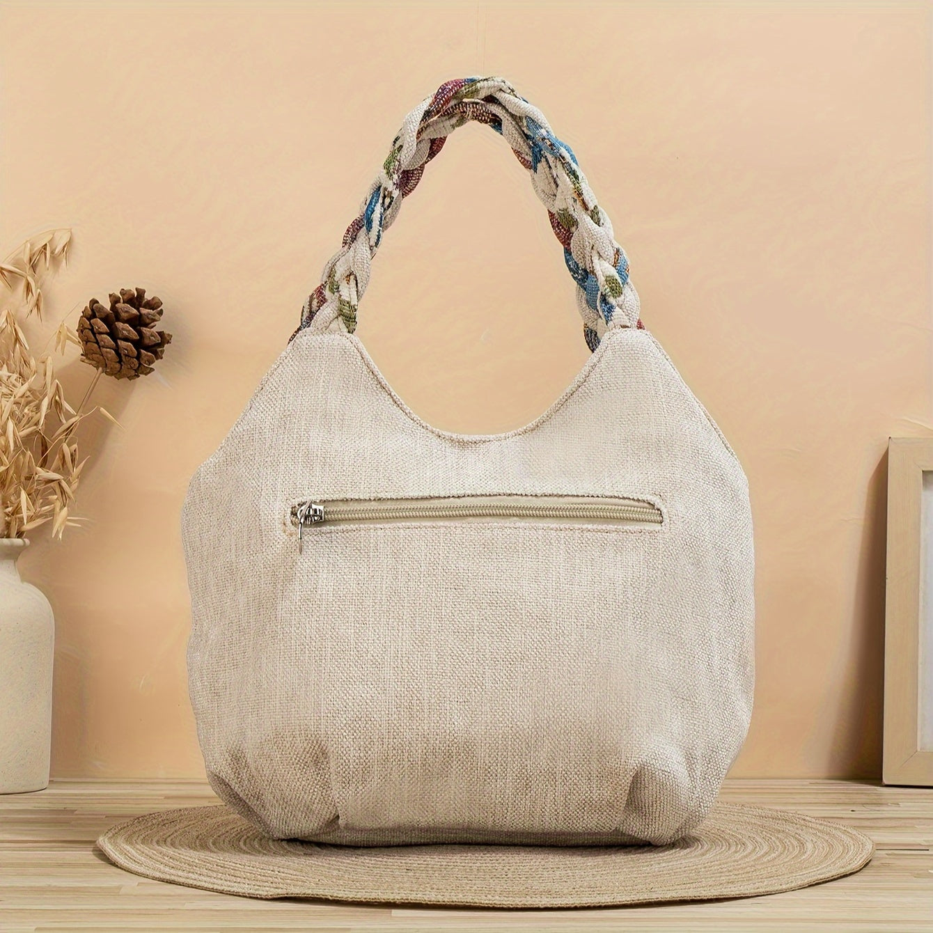 Bohemian Style Handmade Flower Tote Bag, Foldable, Zipper Closure, Fixed Shoulder Strap, with Wristlet, for Vacation