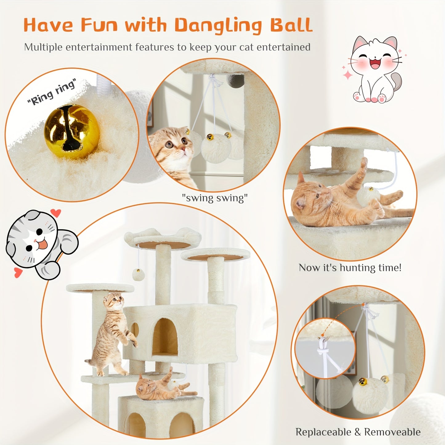 54in Cat Tree for Indoor Cats, Multi-Level Cat Tree Tower with Sisal Scratching Post, Pet House with 2 Large Condo Bed, Kitty, Kitten Toy Tree Tower, Cat Tree for Large Small Cats with Anti-Tilt Device