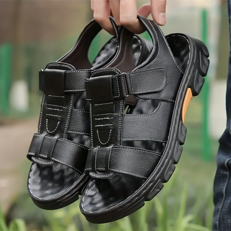 2023 New Men's Genuine Leather Casual Beach Sandals - Slip-On Adjustable Straps, Soft PU Sole, Breathable Summer Vacation Shoes for Driving & Outdoor Activities (Solid Color), Summer Sandals