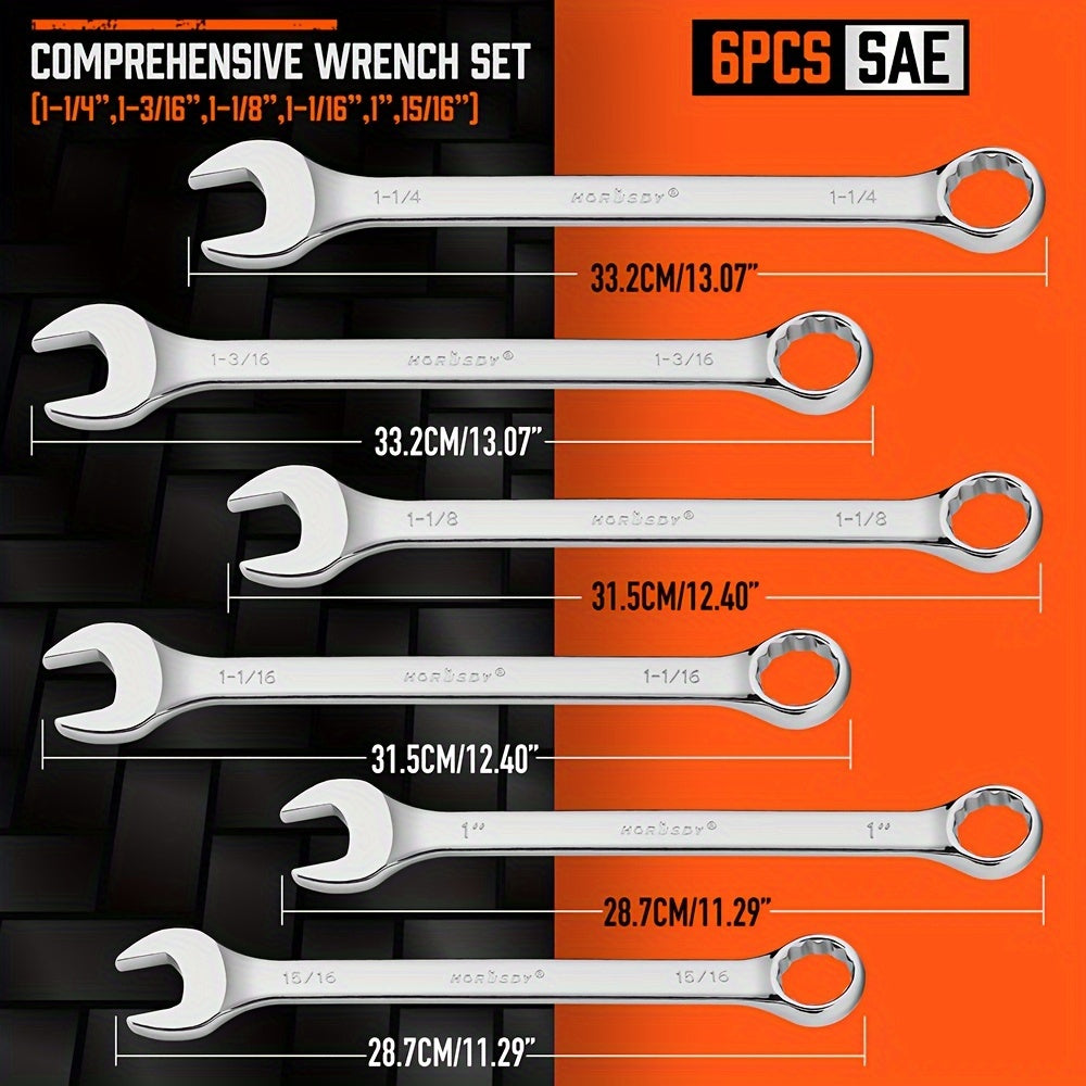 HORUSDY Large Wrench Set With Rolling Pouch 6-Piece SAE Metric 12 Point Chrome Vanadium Steel