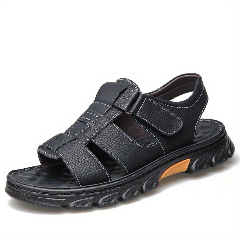 2023 New Men's Genuine Leather Casual Beach Sandals - Slip-On Adjustable Straps, Soft PU Sole, Breathable Summer Vacation Shoes for Driving & Outdoor Activities (Solid Color), Summer Sandals