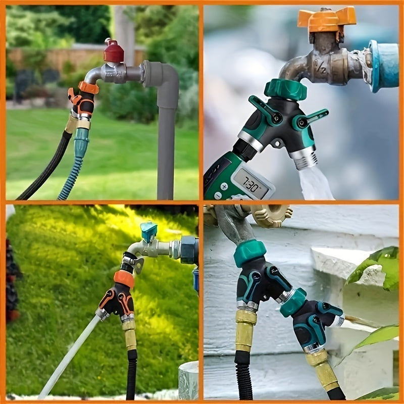 2-Way Watering Hose Connector Adapter - US Standard 3/4 Inch Garden Hose Drip Irrigation Connector with Male & Female Threads, Corrosion-Resistant Black Rubber & Metal Fittings for Lawn & Garden Care, Garden Hose Connector, E