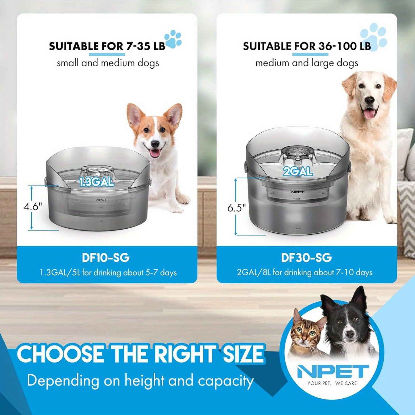 NPET DF30 Dog Water Fountain, 2 Gallon/270oz/8L Large Automatic Dog Water Bowl Dispenser, Pet Water Fountain with Splatter Guard, Cleaning Kit for Large Dogs & Multiple Pets, Without Battery