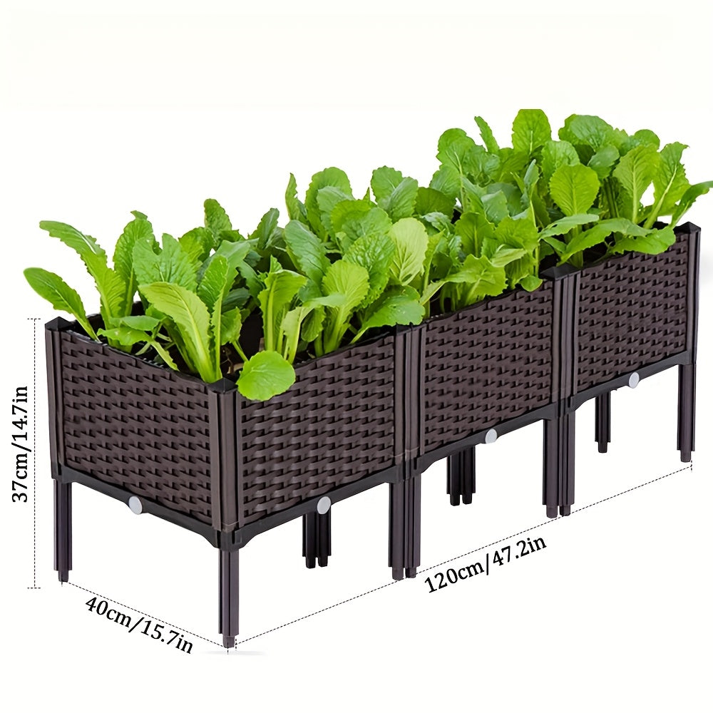3pcs Elevated Garden Beds with Legs - Classic Woven Black Plastic Planter Boxes, Lightweight & Durable Multi-Component Design for Outdoor Flowers, Vegetables, Herbs - Raised Bed Gardening for Improved Drainage & Pest Protecti