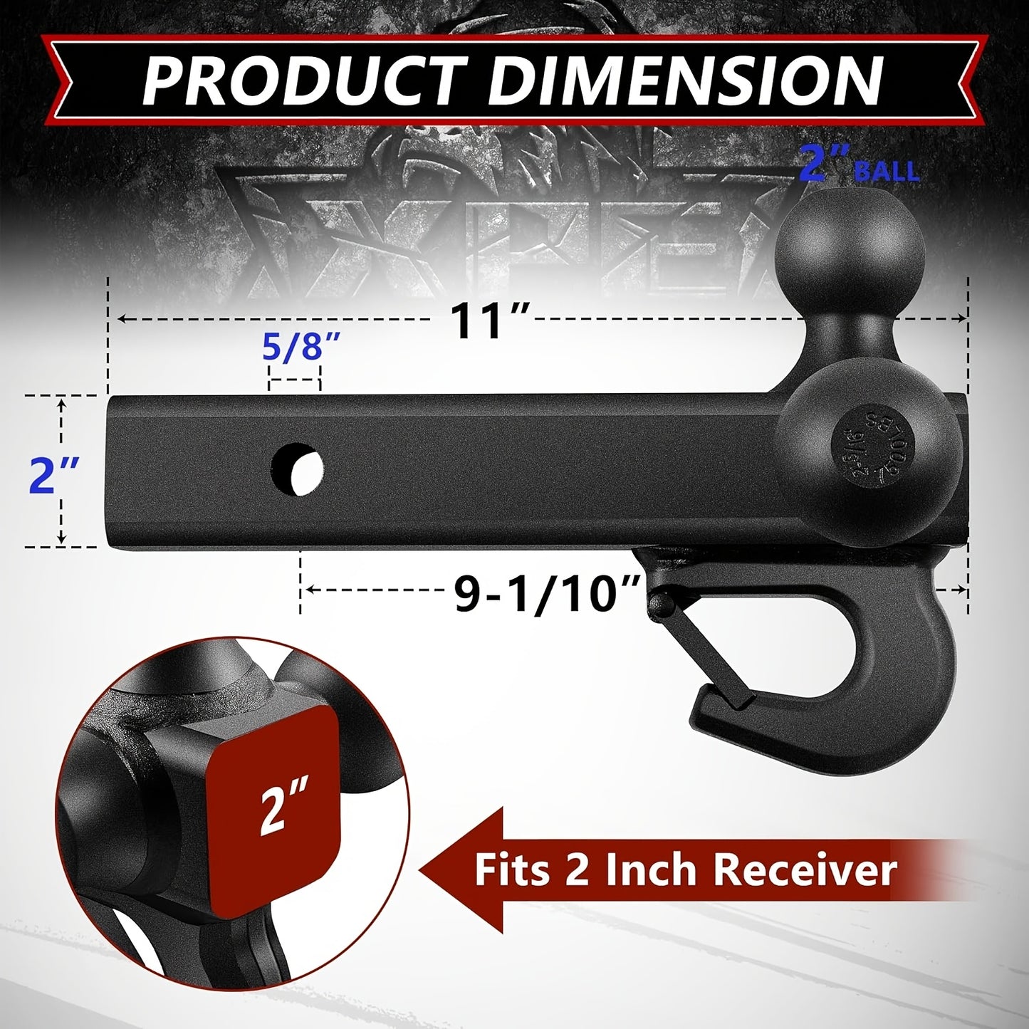 Trailer Hitch Tri Ball Mount with Hook, Fits 2" Hitch Receiver, 1-7/8", 2"& 2-5/16"Matt Black Plated Balls, Secure with Self-Lock Latch, 10, 000 LBS GTW, for RV, SUV, ATV And Truck Etc, XPE