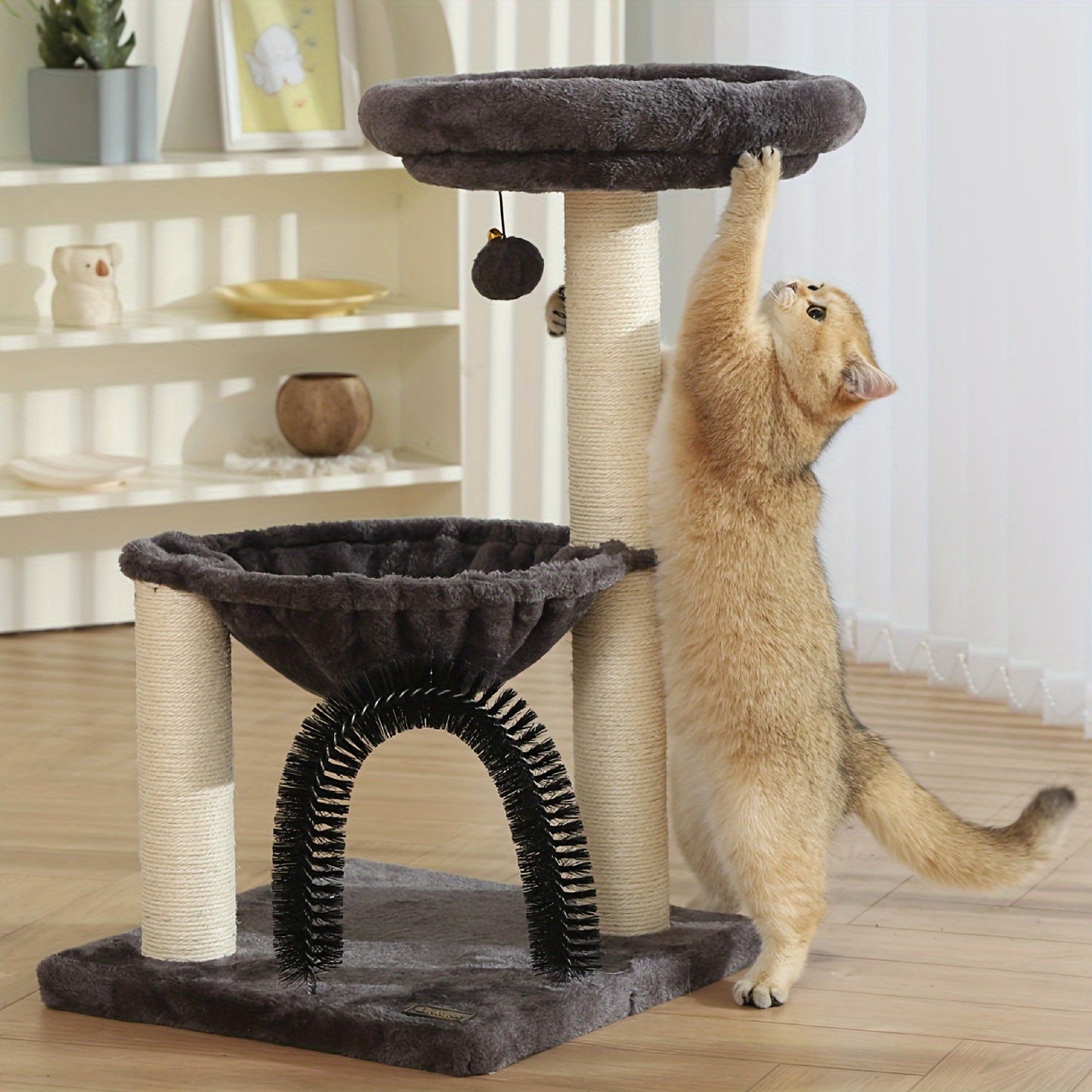 FluffyDream 27.8" Multi-Level Cat Tree Tower for Indoor Cats & Kittens - Creamy Gray Cat Furniture with Scratching Posts, Plush Basket & Perch, Dangling Ball Toy, Sturdy Base & Anti-Topple Design - Easy Assembly, Modern Home