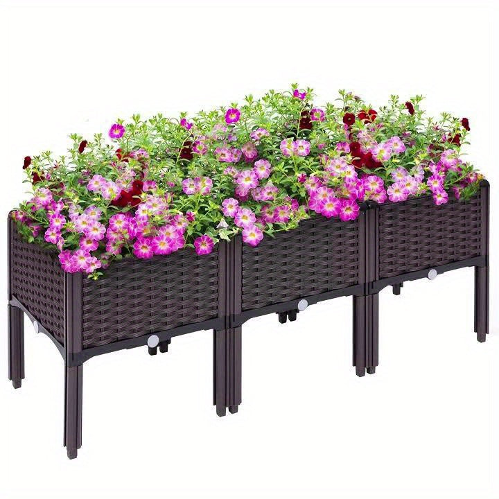 3pcs Elevated Garden Beds with Legs - Classic Woven Black Plastic Planter Boxes, Lightweight & Durable Multi-Component Design for Outdoor Flowers, Vegetables, Herbs - Raised Bed Gardening for Improved Drainage & Pest Protecti
