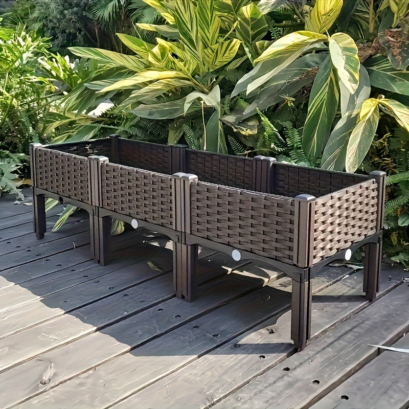 3pcs Elevated Garden Beds with Legs - Classic Woven Black Plastic Planter Boxes, Lightweight & Durable Multi-Component Design for Outdoor Flowers, Vegetables, Herbs - Raised Bed Gardening for Improved Drainage & Pest Protecti