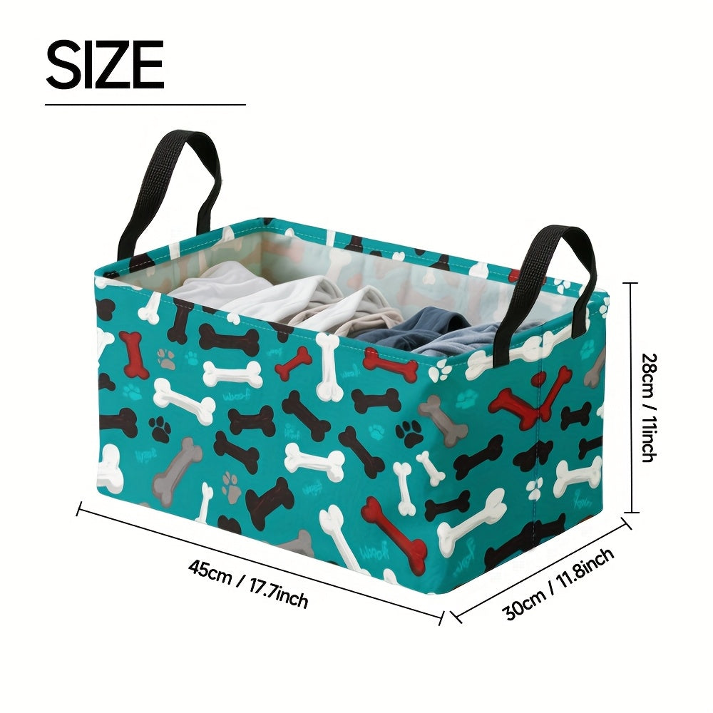 Pet Toy Organizer / 1pc Extra Large Teal Dog Paw Bones Pattern Storage Basket, Foldable Oxford Bin with Metal Frame