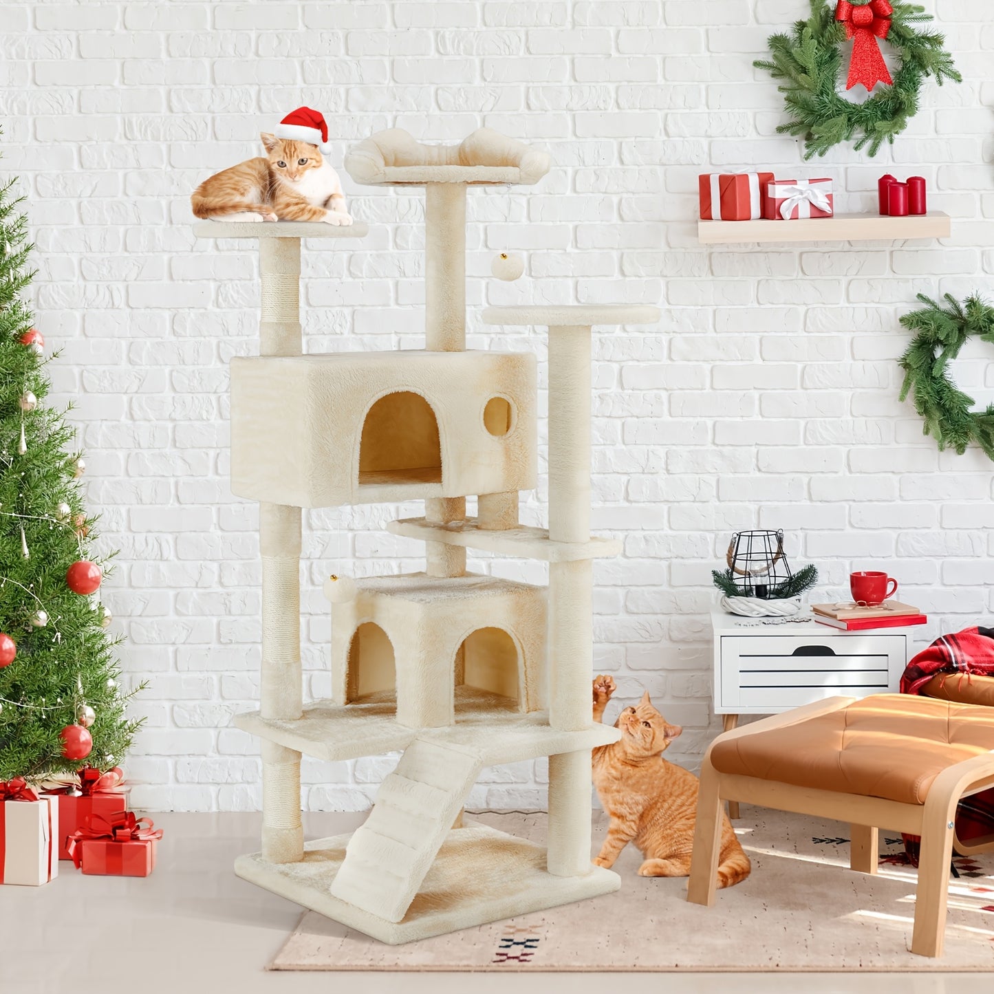 54in Cat Tree for Indoor Cats, Multi-Level Cat Tree Tower with Sisal Scratching Post, Pet House with 2 Large Condo Bed, Kitty, Kitten Toy Tree Tower, Cat Tree for Large Small Cats with Anti-Tilt Device