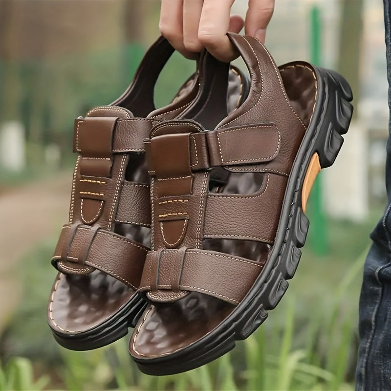 2023 New Men's Genuine Leather Casual Beach Sandals - Slip-On Adjustable Straps, Soft PU Sole, Breathable Summer Vacation Shoes for Driving & Outdoor Activities (Solid Color), Summer Sandals