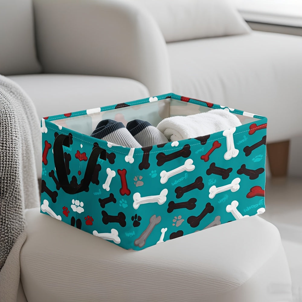 Pet Toy Organizer / 1pc Extra Large Teal Dog Paw Bones Pattern Storage Basket, Foldable Oxford Bin with Metal Frame