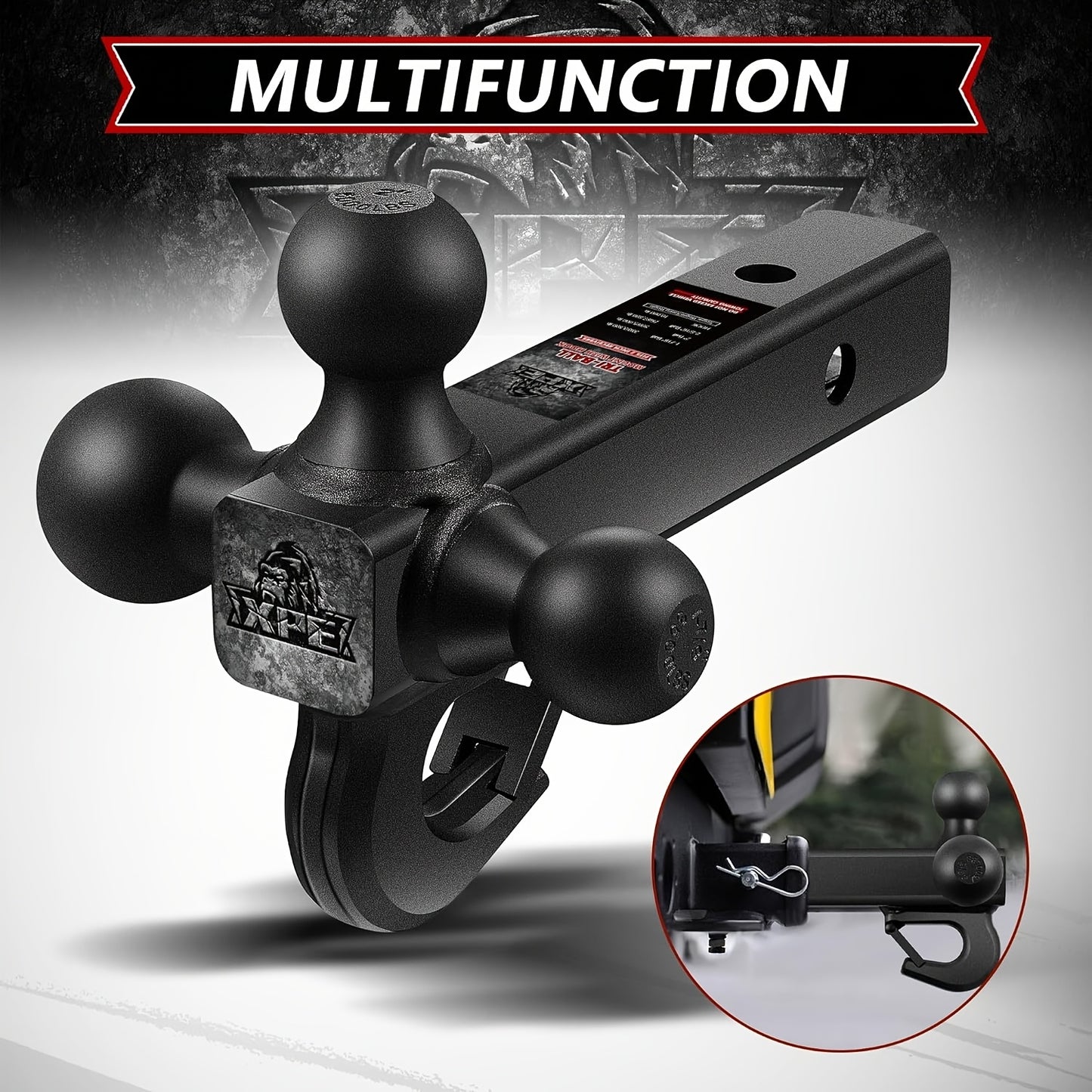 Trailer Hitch Tri Ball Mount with Hook, Fits 2" Hitch Receiver, 1-7/8", 2"& 2-5/16"Matt Black Plated Balls, Secure with Self-Lock Latch, 10, 000 LBS GTW, for RV, SUV, ATV And Truck Etc, XPE