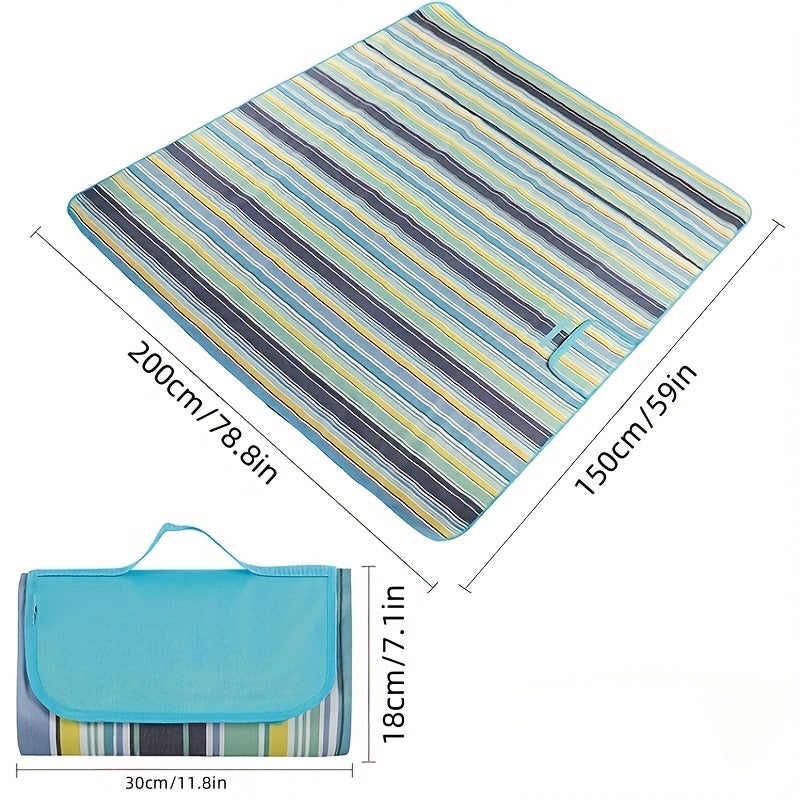 Oversized 80" x 60" Outdoor Picnic Blanket - Portable Beach Mat with Vibrant Blue & Green Stripes, Durable Oxford Cloth, Ideal for Camping, Hiking, and Vacation, All-Season Use, Camping Essentials | Vibrant Striped Design | D