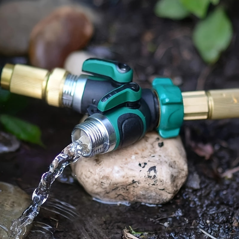 2-Way Watering Hose Connector Adapter - US Standard 3/4 Inch Garden Hose Drip Irrigation Connector with Male & Female Threads, Corrosion-Resistant Black Rubber & Metal Fittings for Lawn & Garden Care, Garden Hose Connector, E
