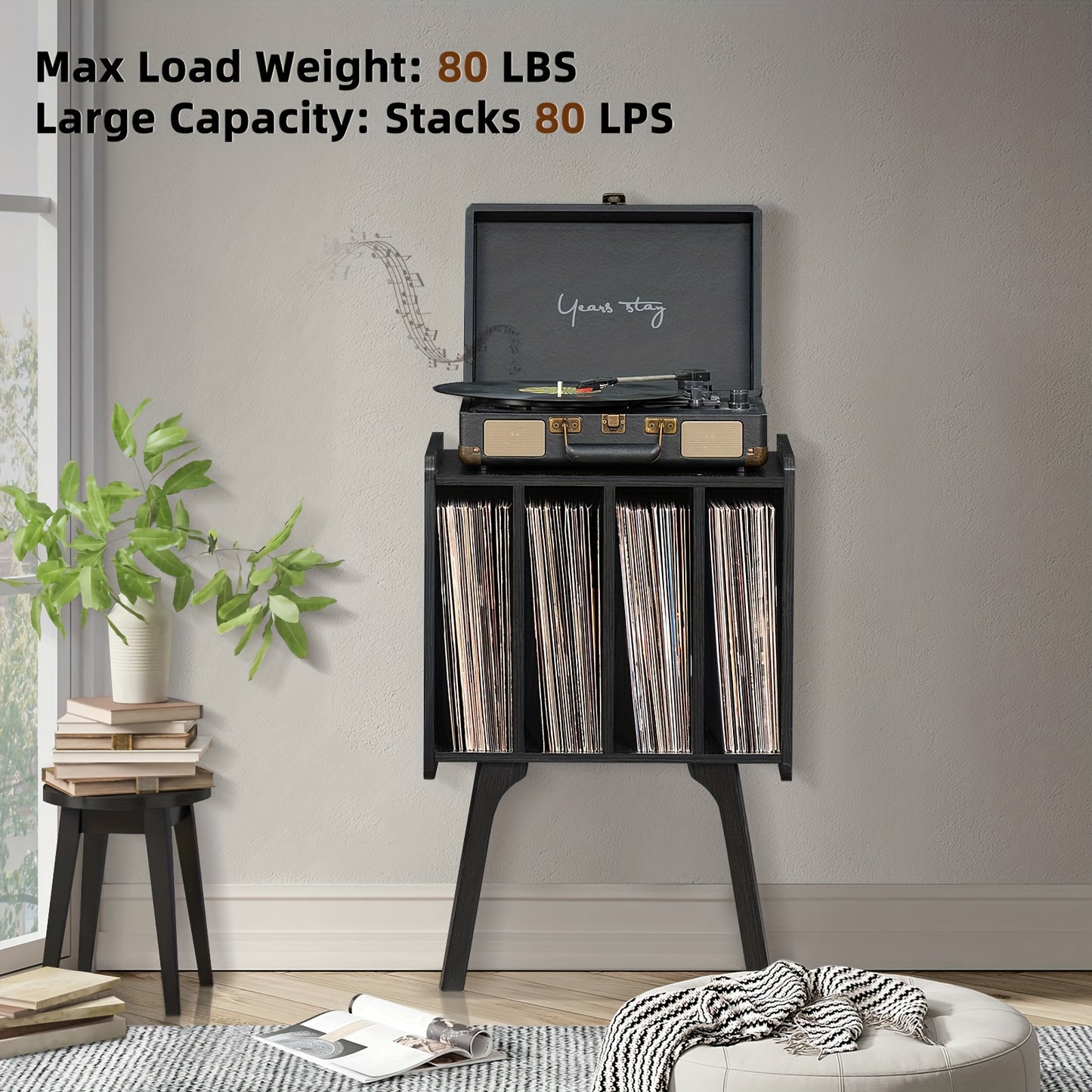 Record Player Stand, Black Vinyl Record Storage Table With 4 Cabinet Up To 100 Albums, Mid-Century Turntable Stand With Wood Legs, Vinyl Holder Display Shelf For Lab