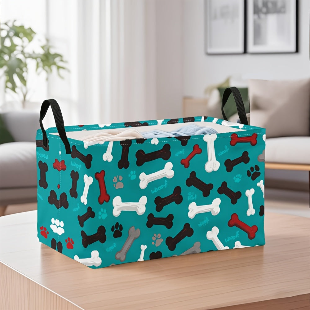 Pet Toy Organizer / 1pc Extra Large Teal Dog Paw Bones Pattern Storage Basket, Foldable Oxford Bin with Metal Frame