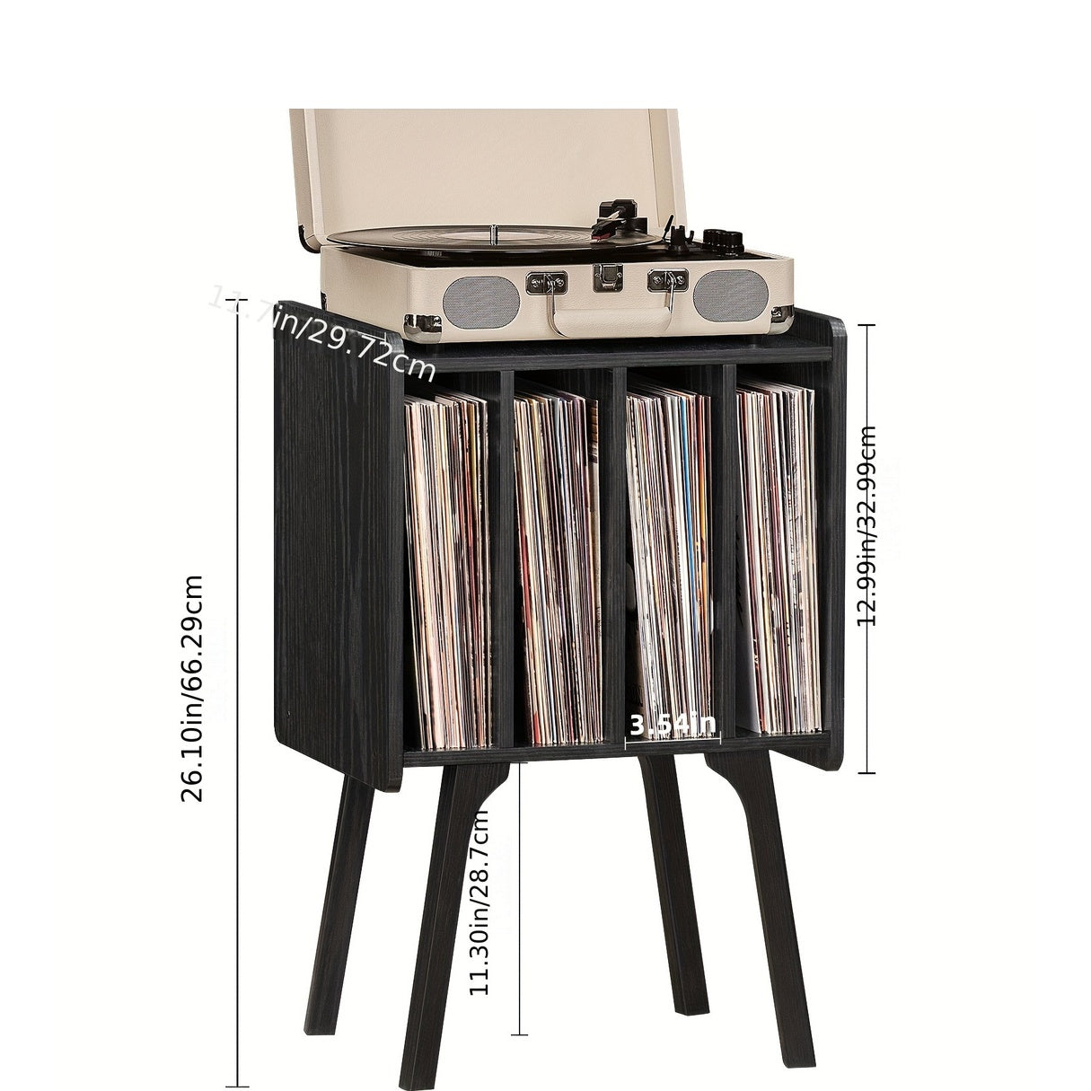 Record Player Stand, Black Vinyl Record Storage Table With 4 Cabinet Up To 100 Albums, Mid-Century Turntable Stand With Wood Legs, Vinyl Holder Display Shelf For Lab
