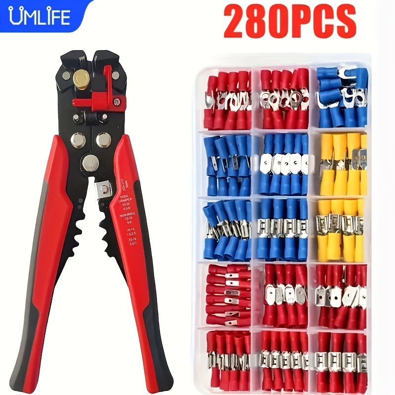 280pcs UMLIFE Spade Crimp Terminal Connector Kit, Copper Contact, Non-insulated, Variety of Insulated Cable Connectors, with 5-in-1 Wire Stripper, for Automotive & Home Wiring Projects, Electrical Crimp Termination