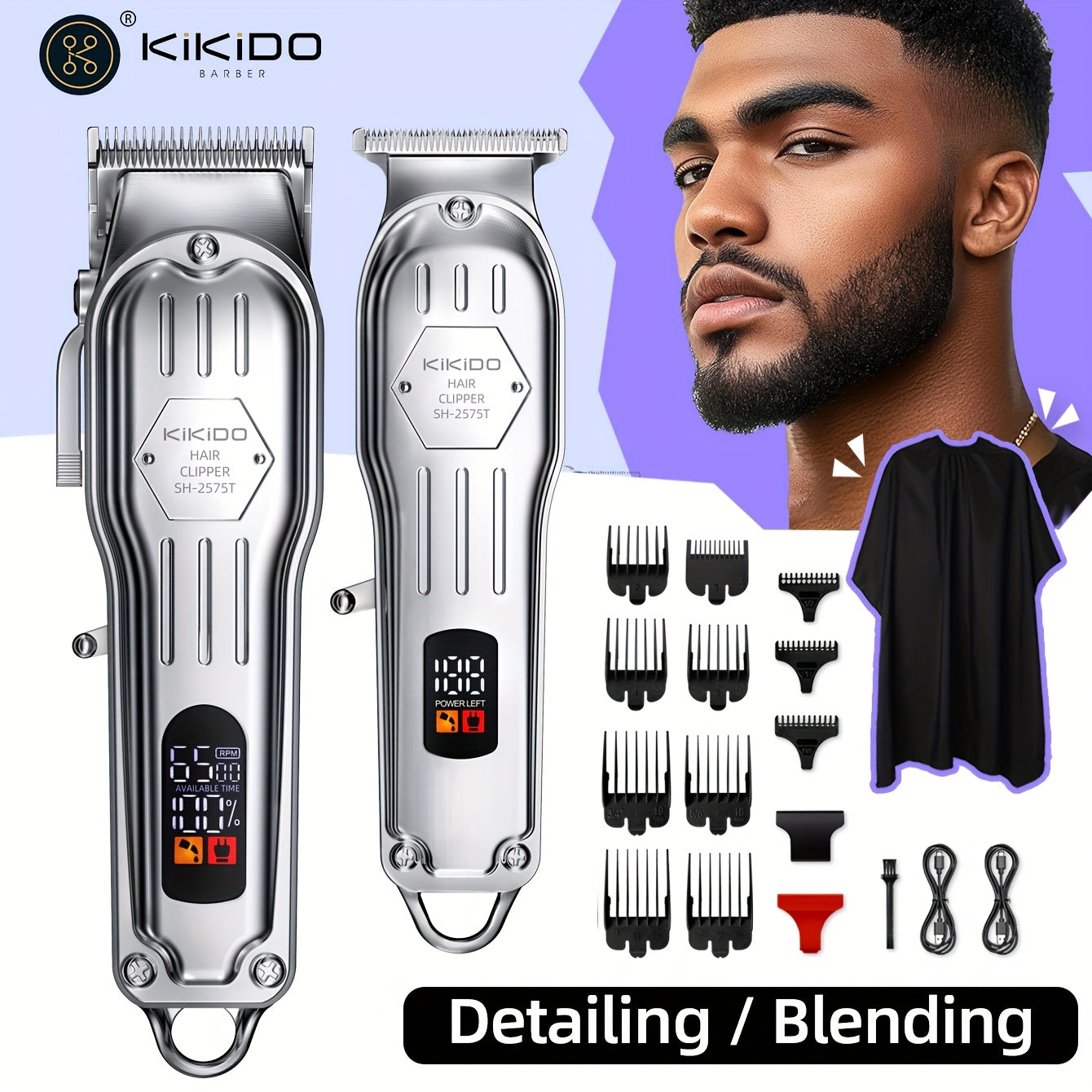 KIKIDO KK-2575T Men's Hair Clipper Set - 2-in-1, High-Speed, Zero Gap Blade, LCD Display, Rechargeable Wireless | 11 Limit Combs, Home & Salon Use