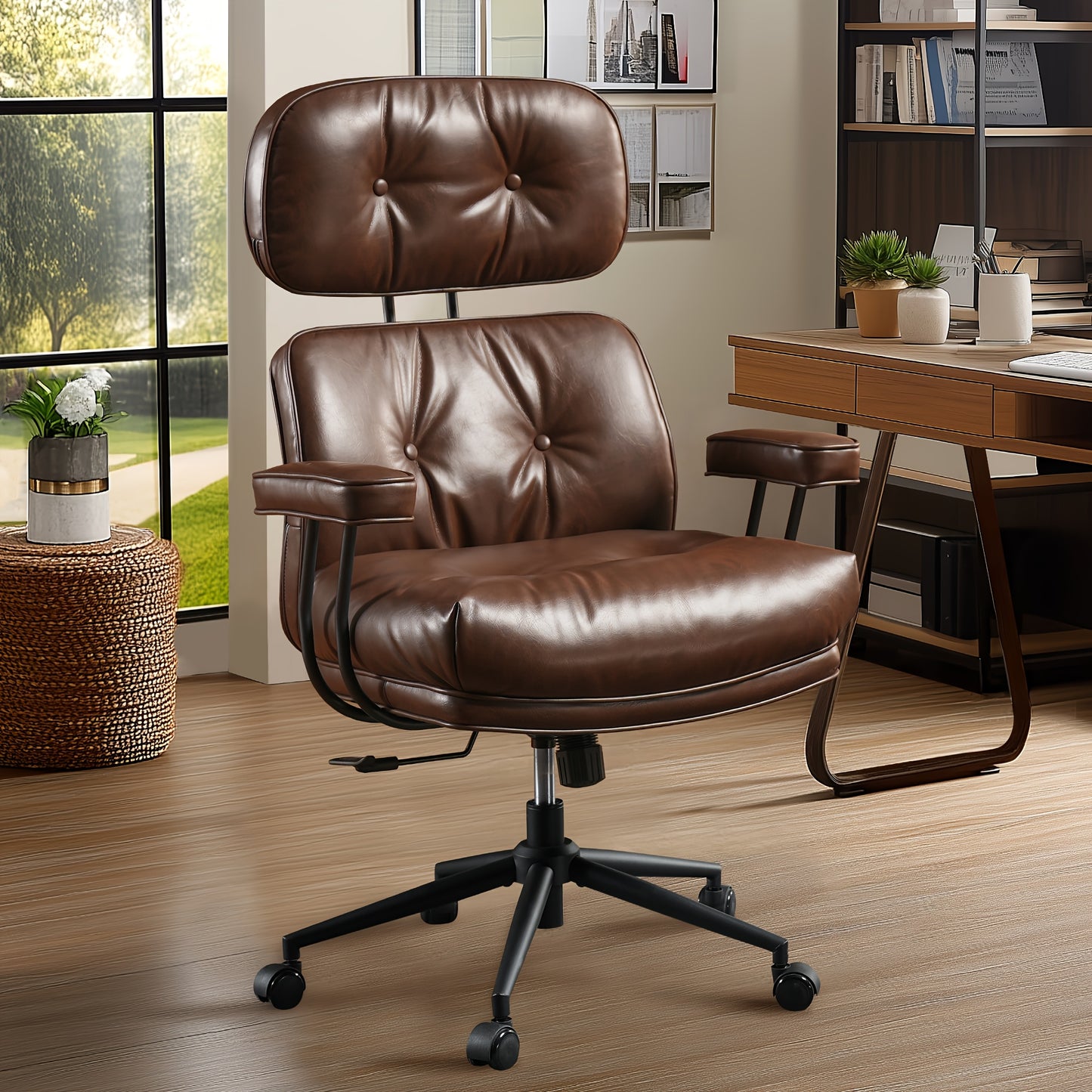 Oversized Modern PU Leather Executive Chair - Ergonomic High-Back Office Chair with Lumbar Support, Adjustable Height & Headrest, Padded Armrests, Heavy-Duty 5-Wheel Base, Manual Recline Mechanism, Smooth-Rolling Wheels for H
