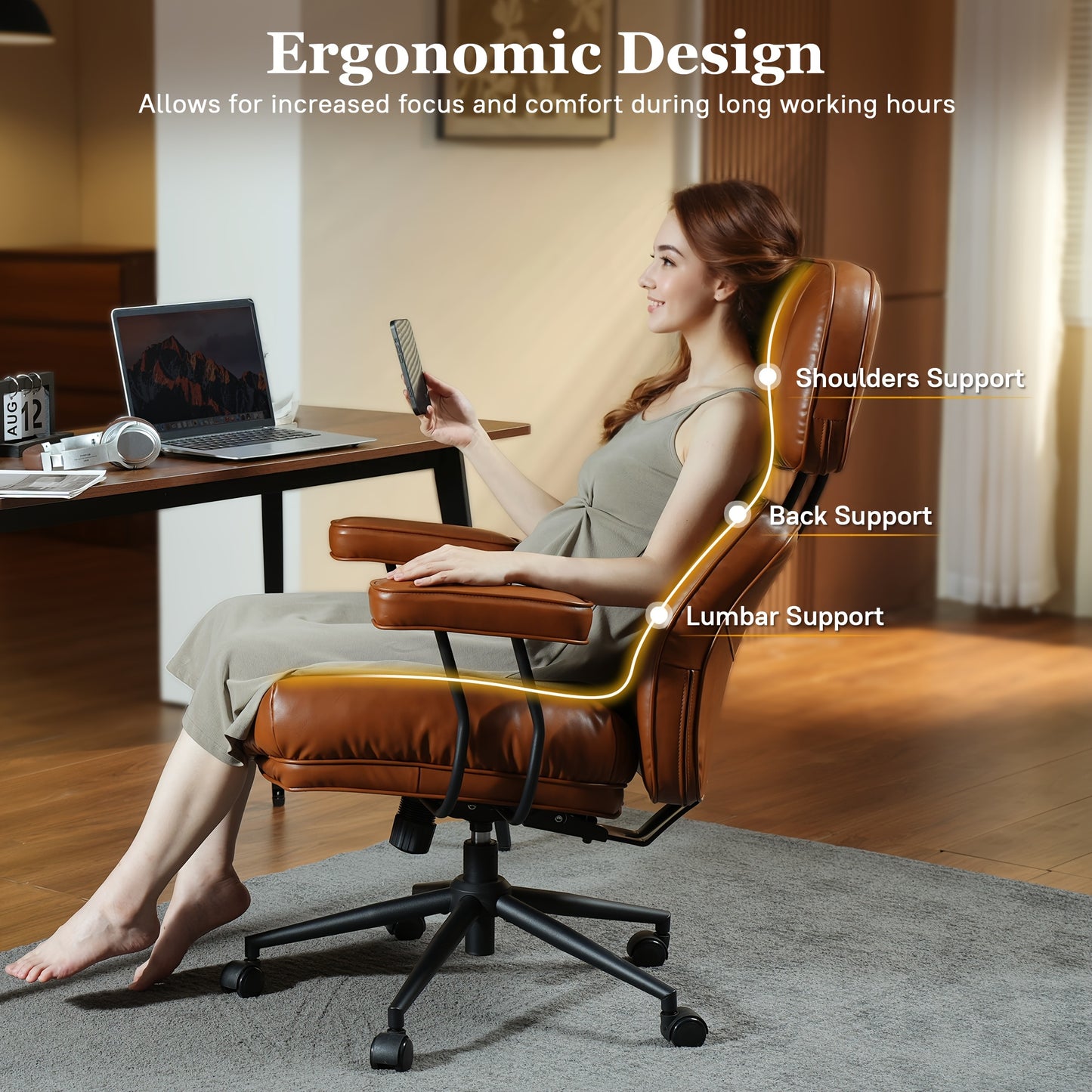 Oversized Modern PU Leather Executive Chair - Ergonomic High-Back Office Chair with Lumbar Support, Adjustable Height & Headrest, Padded Armrests, Heavy-Duty 5-Wheel Base, Manual Recline Mechanism, Smooth-Rolling Wheels for H