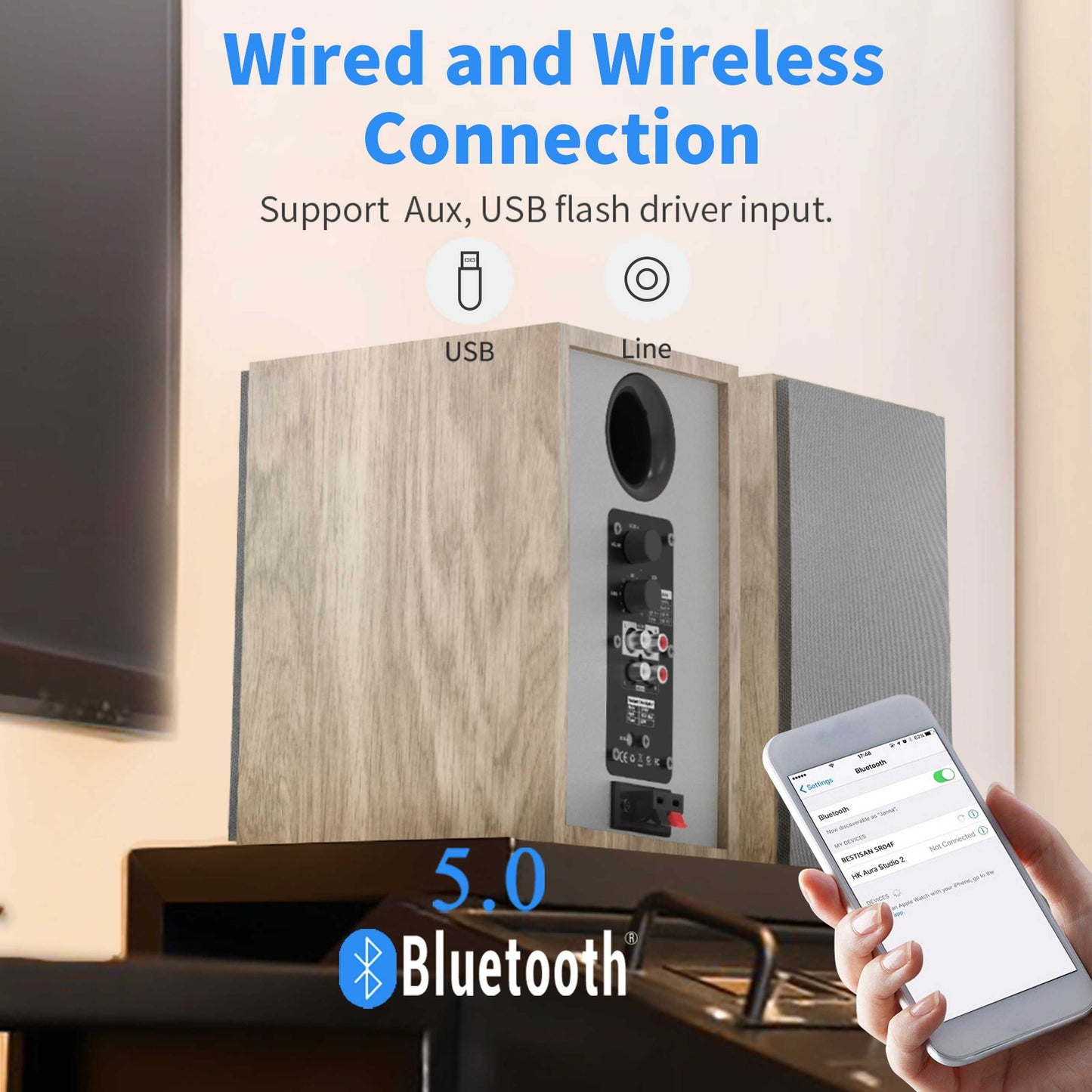 BESTISAN 50W Powered Bookshelf Speakers - Dynamic Stereo Sound for Vinyl, TV, and Desktop, Sleek Wooden Design with RCA Input, Pair