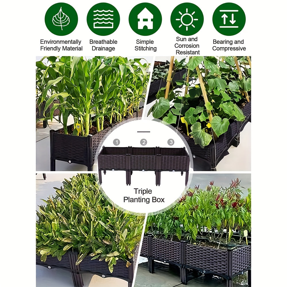 3pcs Elevated Garden Beds with Legs - Classic Woven Black Plastic Planter Boxes, Lightweight & Durable Multi-Component Design for Outdoor Flowers, Vegetables, Herbs - Raised Bed Gardening for Improved Drainage & Pest Protecti