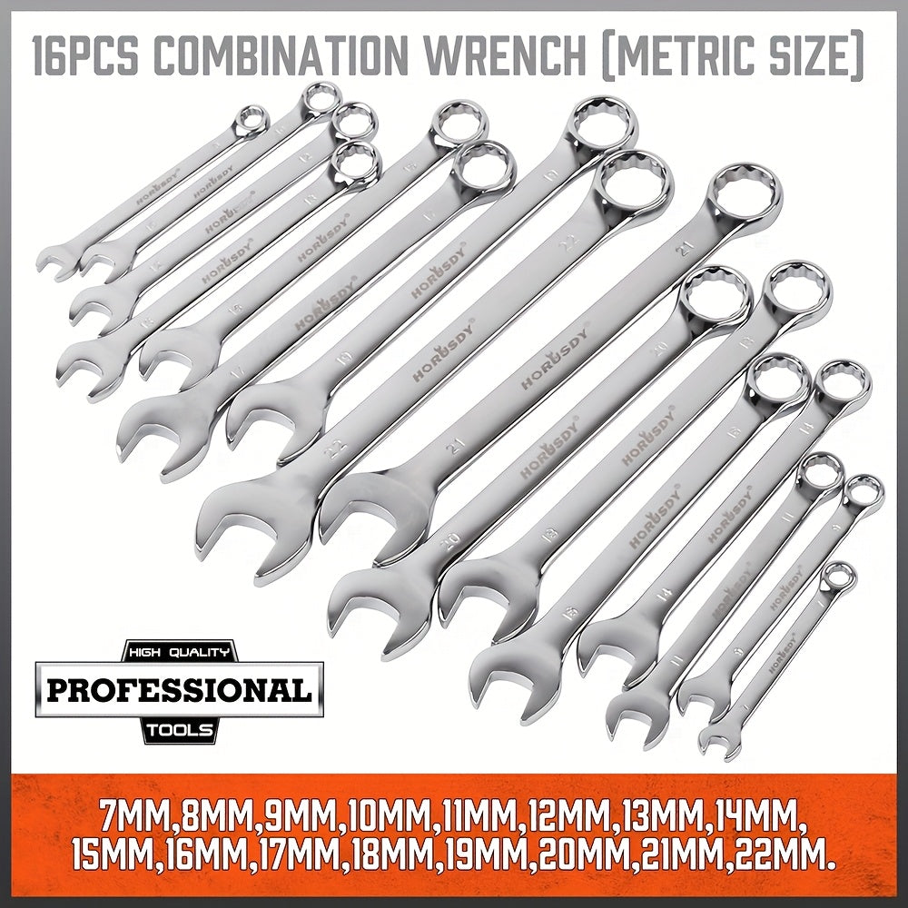 32pcs Combination Wrench Set 1/4"-1" & 7mm-22mm SAE And Metric Chrome Vanadium Steel Construction with Case 12 Point Combination Ended Spanner Kits