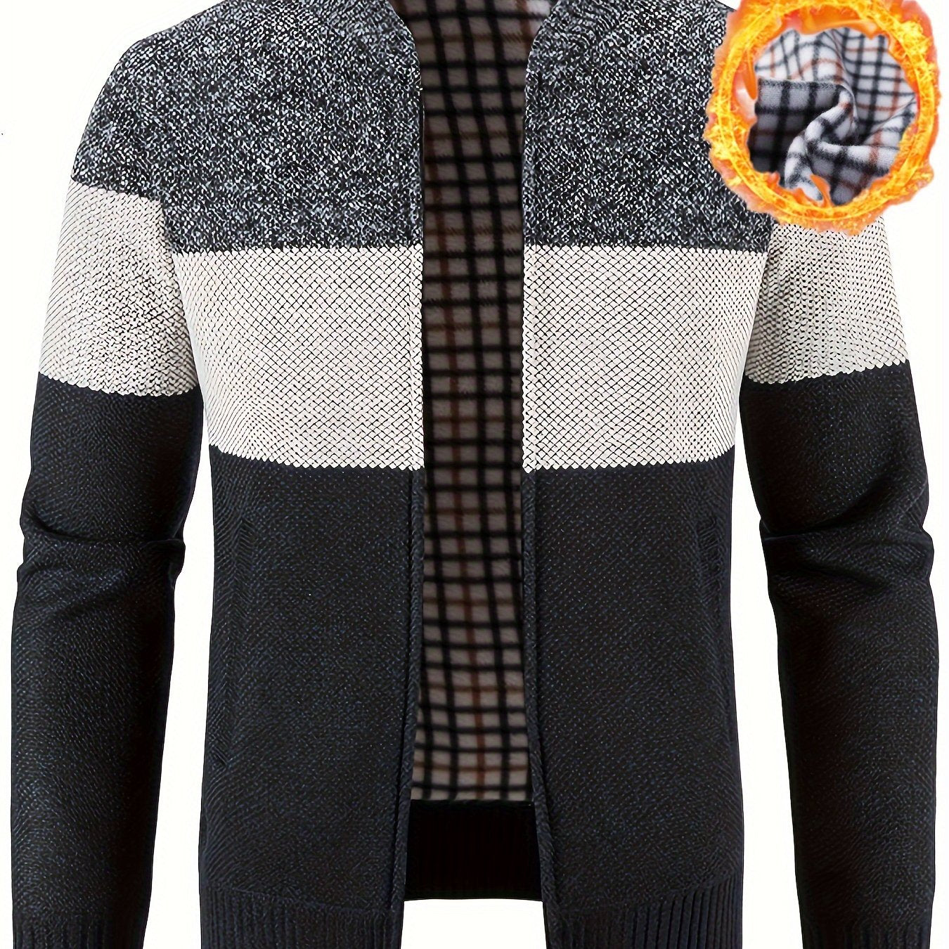 Men'S Casual High Neck Fleece Jacket, Color Block Knit Polyester Cardigan, Mid Stretch Zip-Up Fall/Winter Outerwear, Regular Fit with Placket Closure, Thick