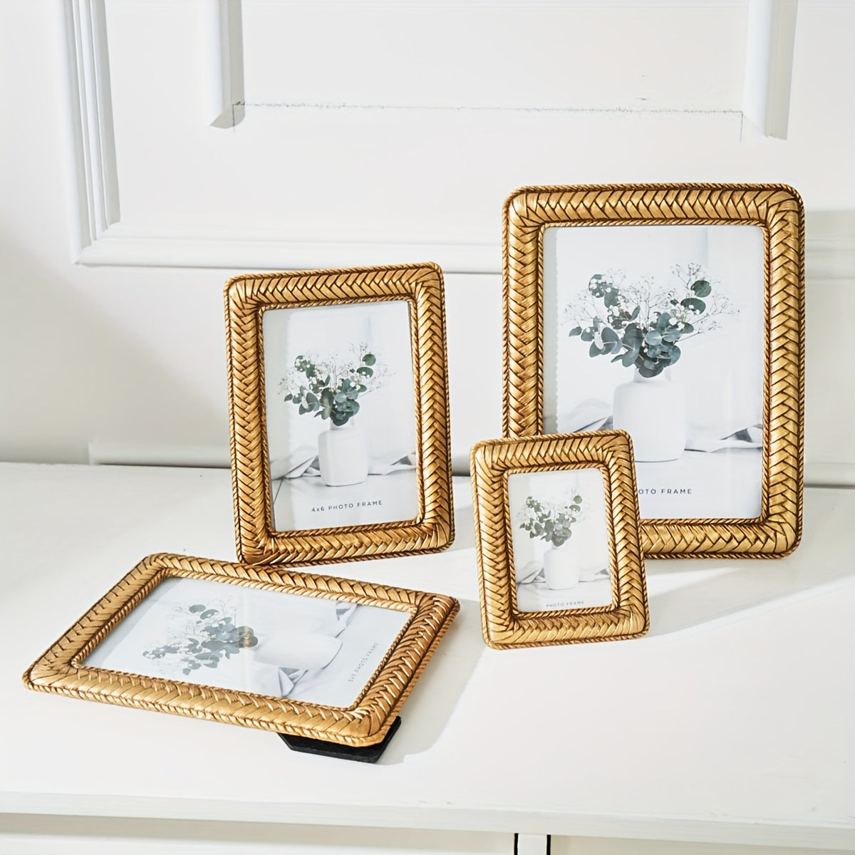 Picture Frames / 1pc Golden Woven Pattern Resin Photo Frame - Modern Creative Tabletop Decor for Bedroom, Study, or Office, Multiple Styles Available, Simple yet Elegant Design for Photo Display, Office Decor | Decorative Frame | Textured Fin