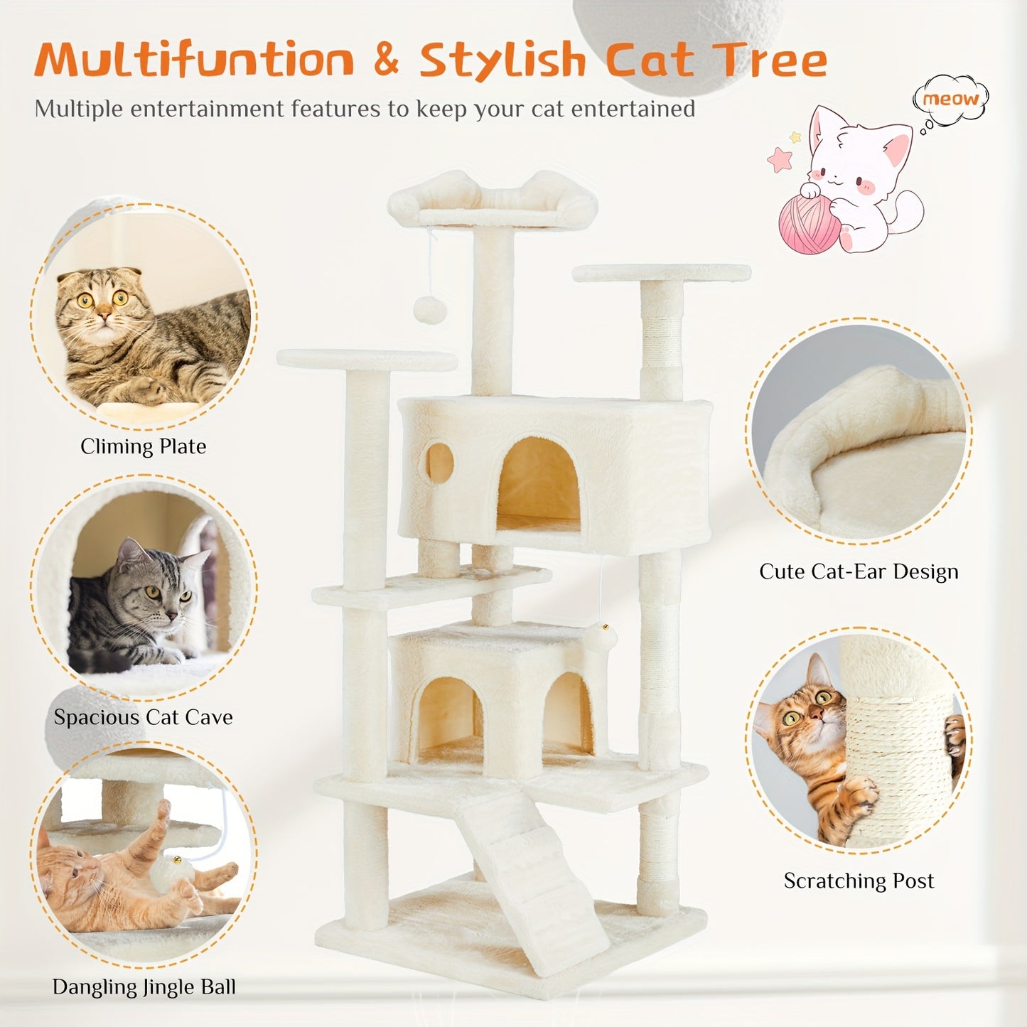 54in Cat Tree for Indoor Cats, Multi-Level Cat Tree Tower with Sisal Scratching Post, Pet House with 2 Large Condo Bed, Kitty, Kitten Toy Tree Tower, Cat Tree for Large Small Cats with Anti-Tilt Device