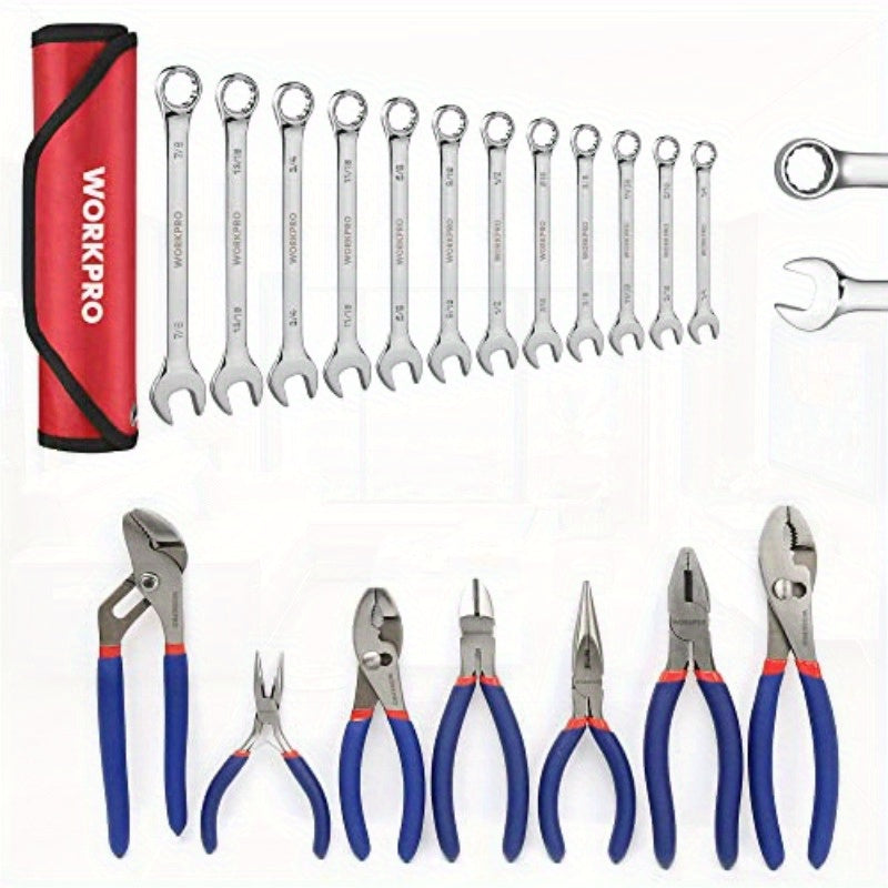 WORKPRO 7pcs Pliers Set + WORKPRO 12pcs Premium Combination Wrench Set SAE, Metal Material, Industrial Hand Tools, Power & Hand Tools, with Screwdrivers, Pliers, and Wrenches for Home Improvement and Professional Use, Home Im