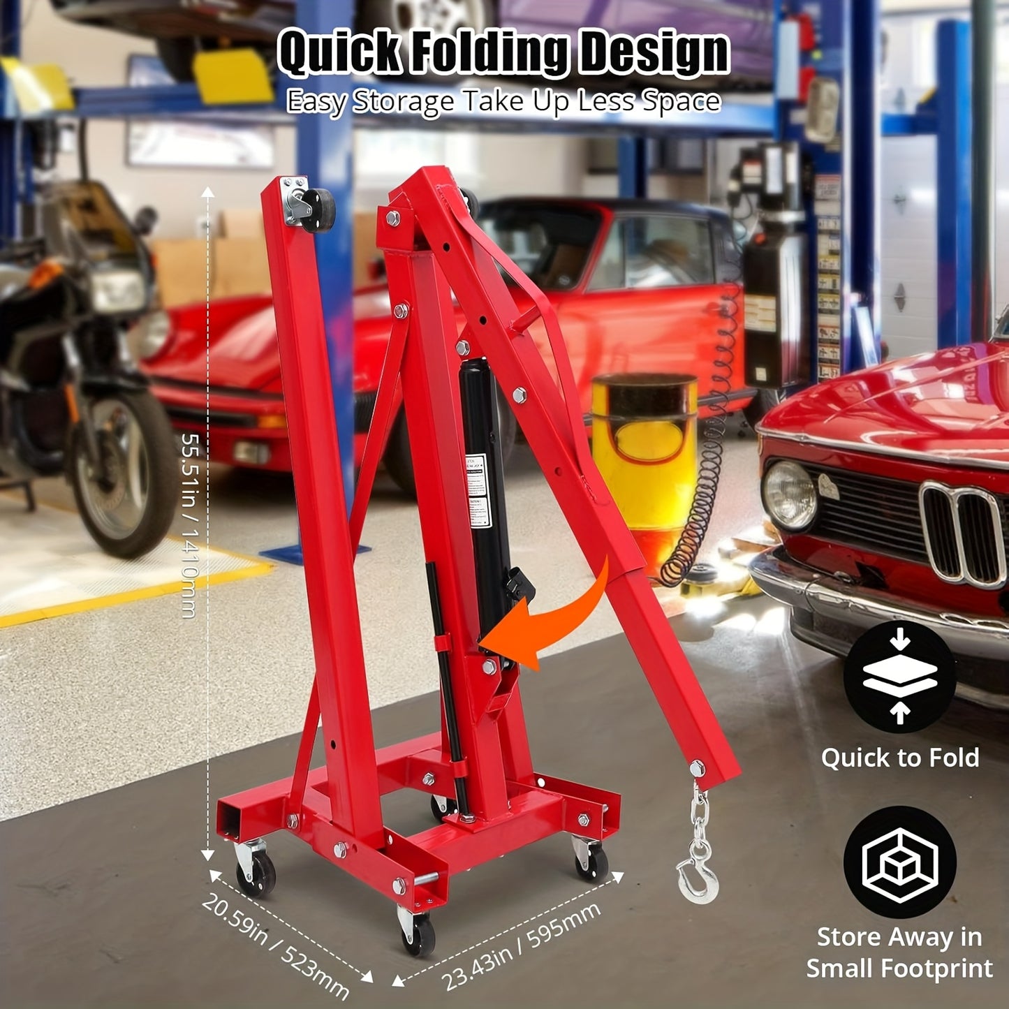 2-Ton Capacity 4400LBS Mobile Hydraulic Engine Hoist with 6 Wheels - Heavy Duty Folding Cherry Picker Crane for Engine Loading & Lifting, Compact Design for Mechanics, Shops, and Construction, Vehicle Maintenance, Robust Cons