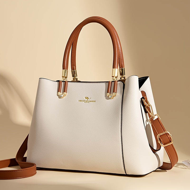 Elegant Women's Handbag with Detachable Adjustable Strap – Large Capacity Satchel, White & Brown Design, Golden-Tone Hardware, Perfect for Work or Casual Outings