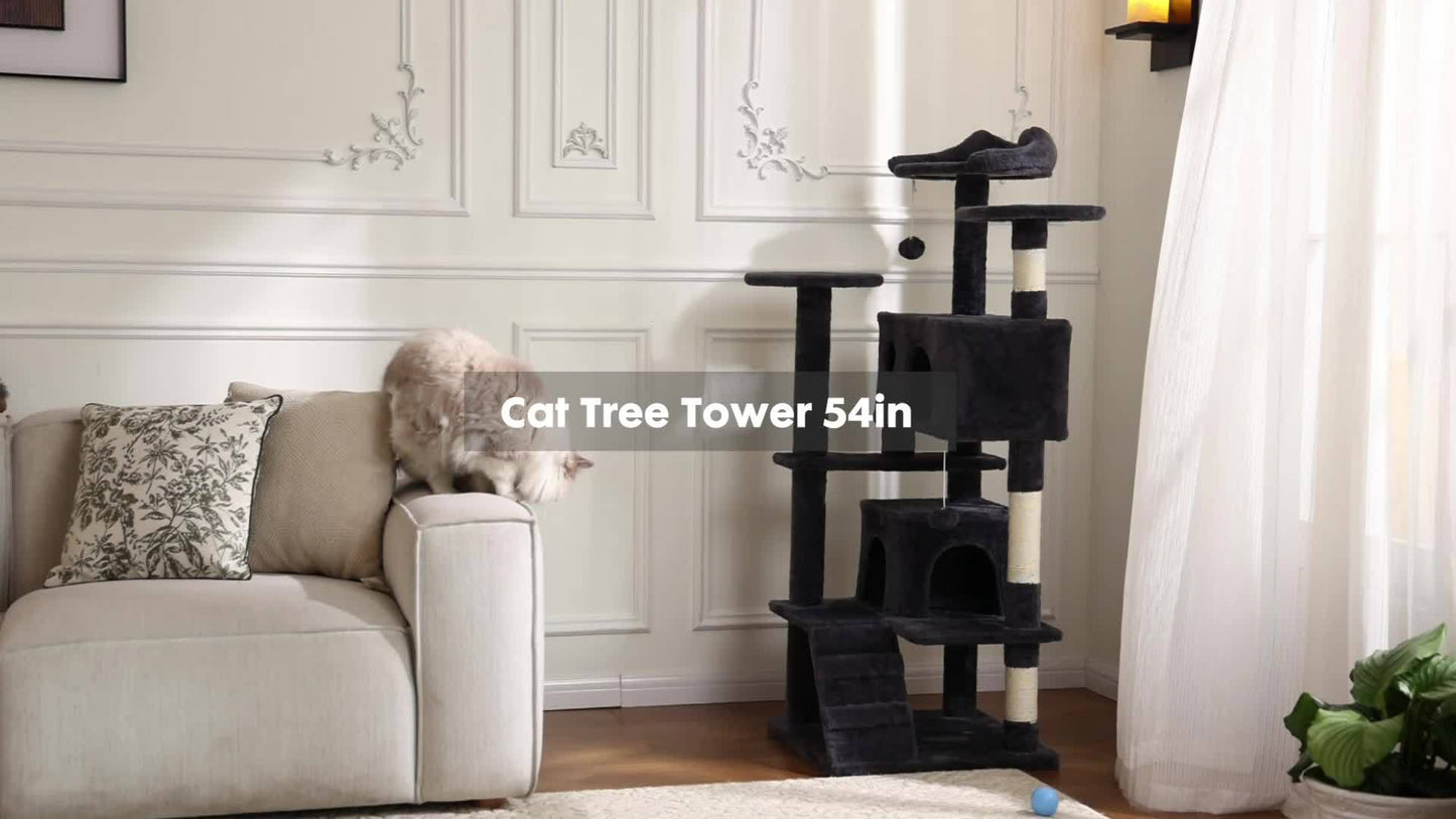 54in Cat Tree for Indoor Cats, Multi-Level Cat Tree Tower with Sisal Scratching Post, Pet House with 2 Large Condo Bed, Kitty, Kitten Toy Tree Tower, Cat Tree for Large Small Cats with Anti-Tilt Device