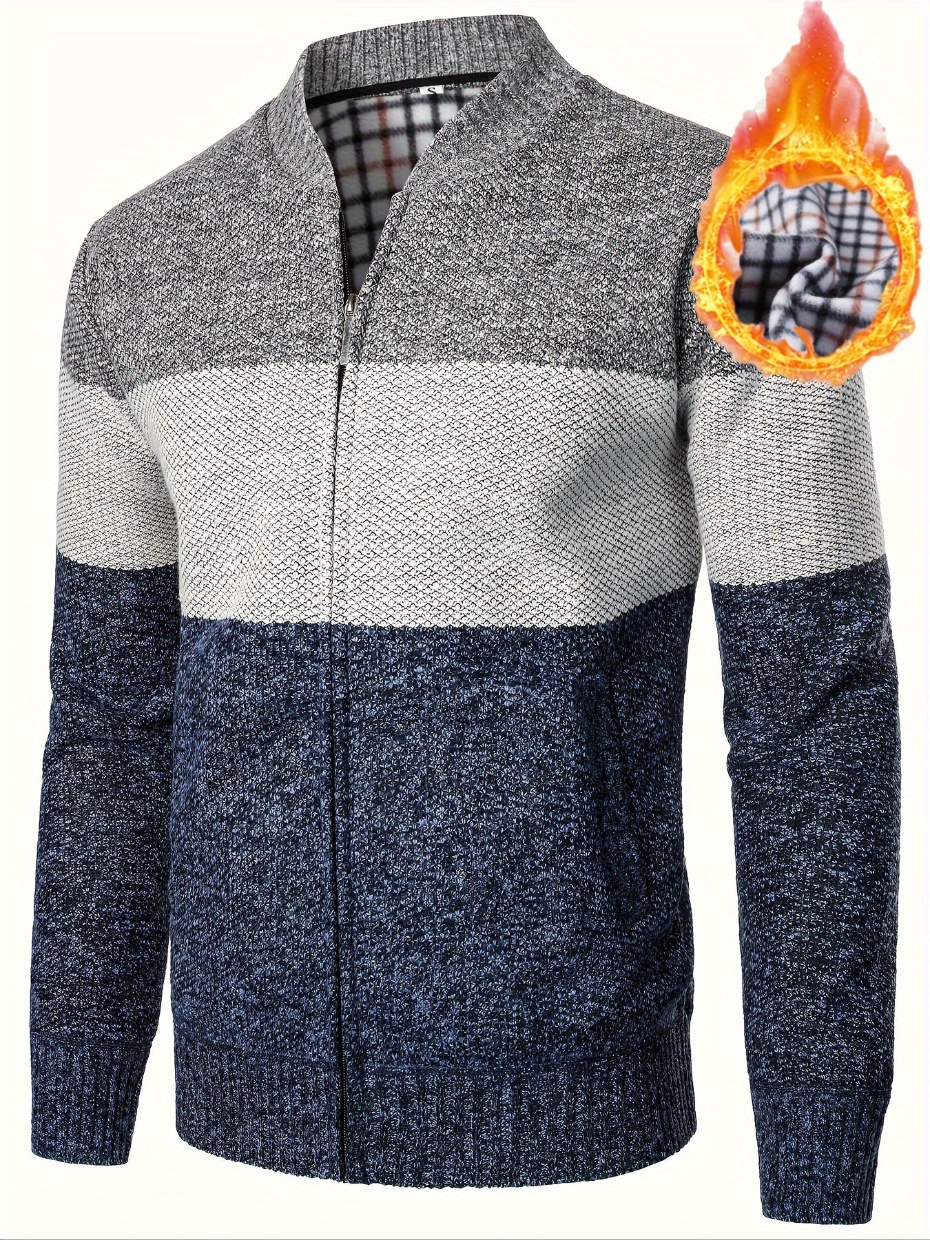 Men'S Casual High Neck Fleece Jacket, Color Block Knit Polyester Cardigan, Mid Stretch Zip-Up Fall/Winter Outerwear, Regular Fit with Placket Closure, Thick