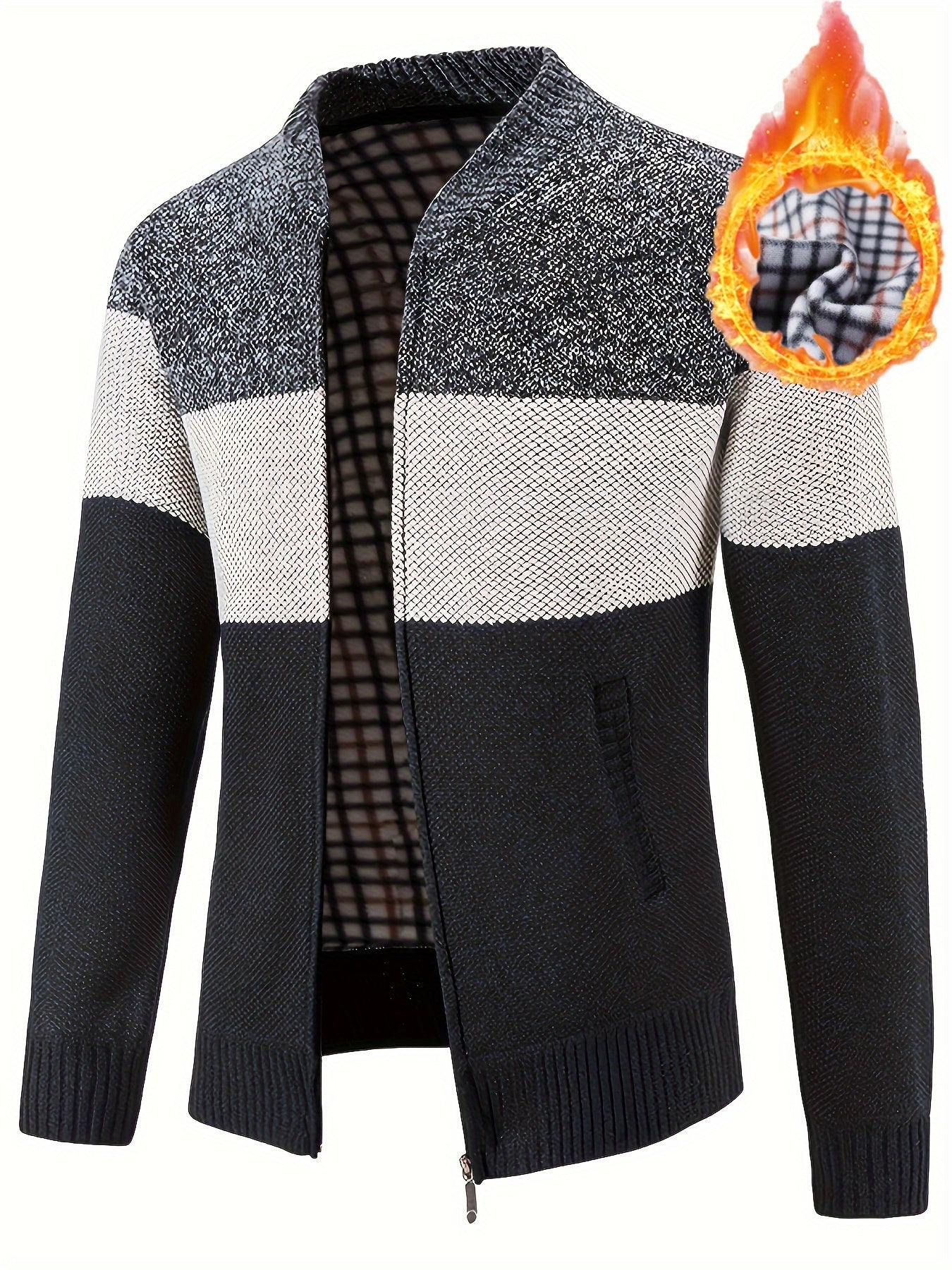 Men'S Casual High Neck Fleece Jacket, Color Block Knit Polyester Cardigan, Mid Stretch Zip-Up Fall/Winter Outerwear, Regular Fit with Placket Closure, Thick