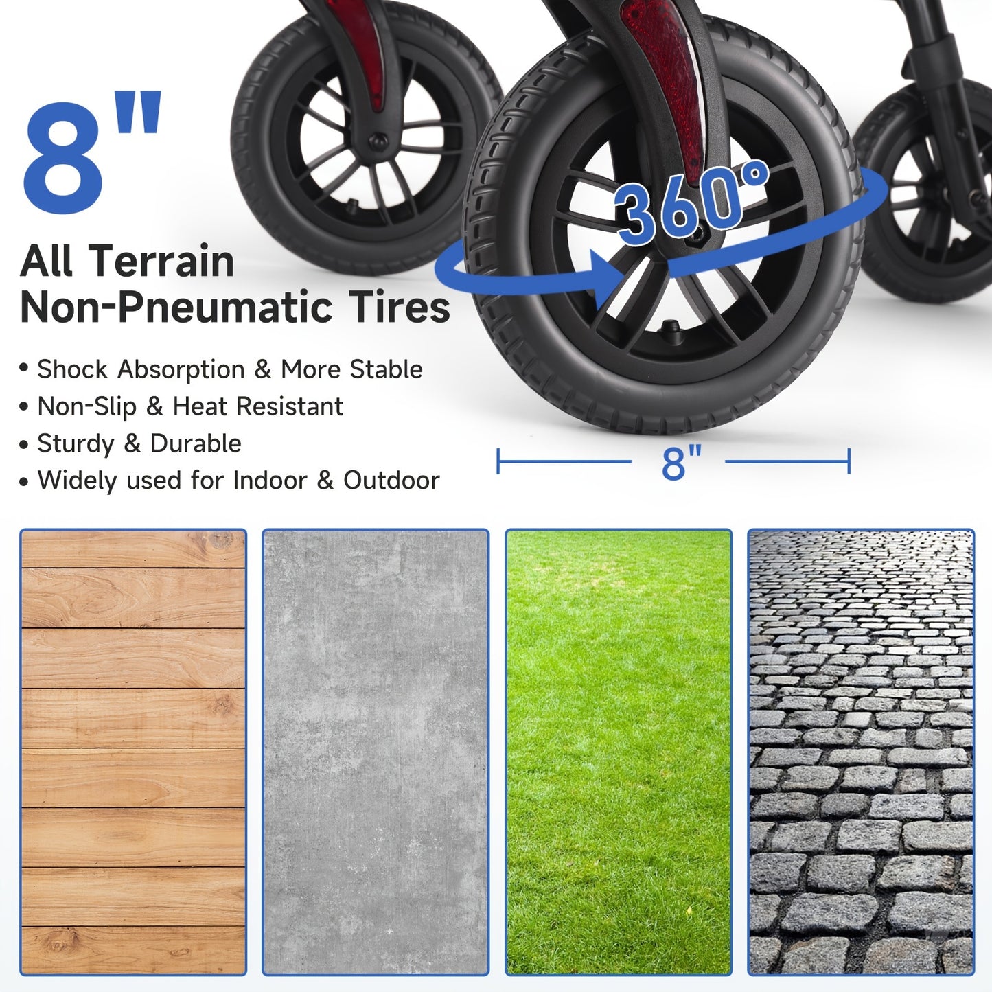 "8"" Inch Big Wheel All-Terrain Rollator Walker with Tray, Padded Seat & Backrest, Under-Seat Basket for Seniors"