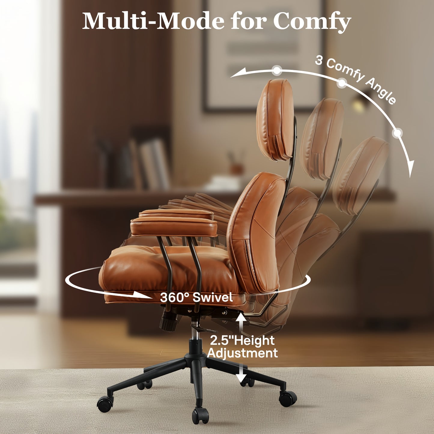 Oversized Modern PU Leather Executive Chair - Ergonomic High-Back Office Chair with Lumbar Support, Adjustable Height & Headrest, Padded Armrests, Heavy-Duty 5-Wheel Base, Manual Recline Mechanism, Smooth-Rolling Wheels for H