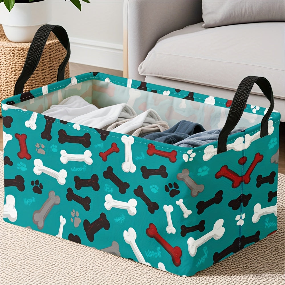 Pet Toy Organizer / 1pc Extra Large Teal Dog Paw Bones Pattern Storage Basket, Foldable Oxford Bin with Metal Frame