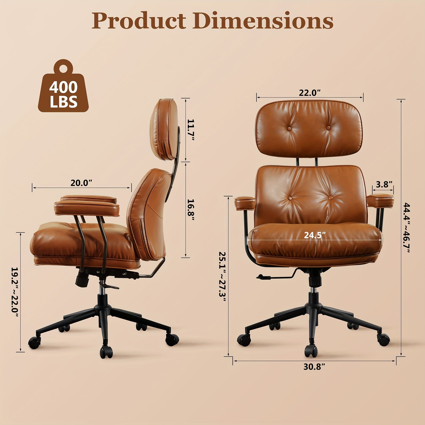 Oversized Modern PU Leather Executive Chair - Ergonomic High-Back Office Chair with Lumbar Support, Adjustable Height & Headrest, Padded Armrests, Heavy-Duty 5-Wheel Base, Manual Recline Mechanism, Smooth-Rolling Wheels for H