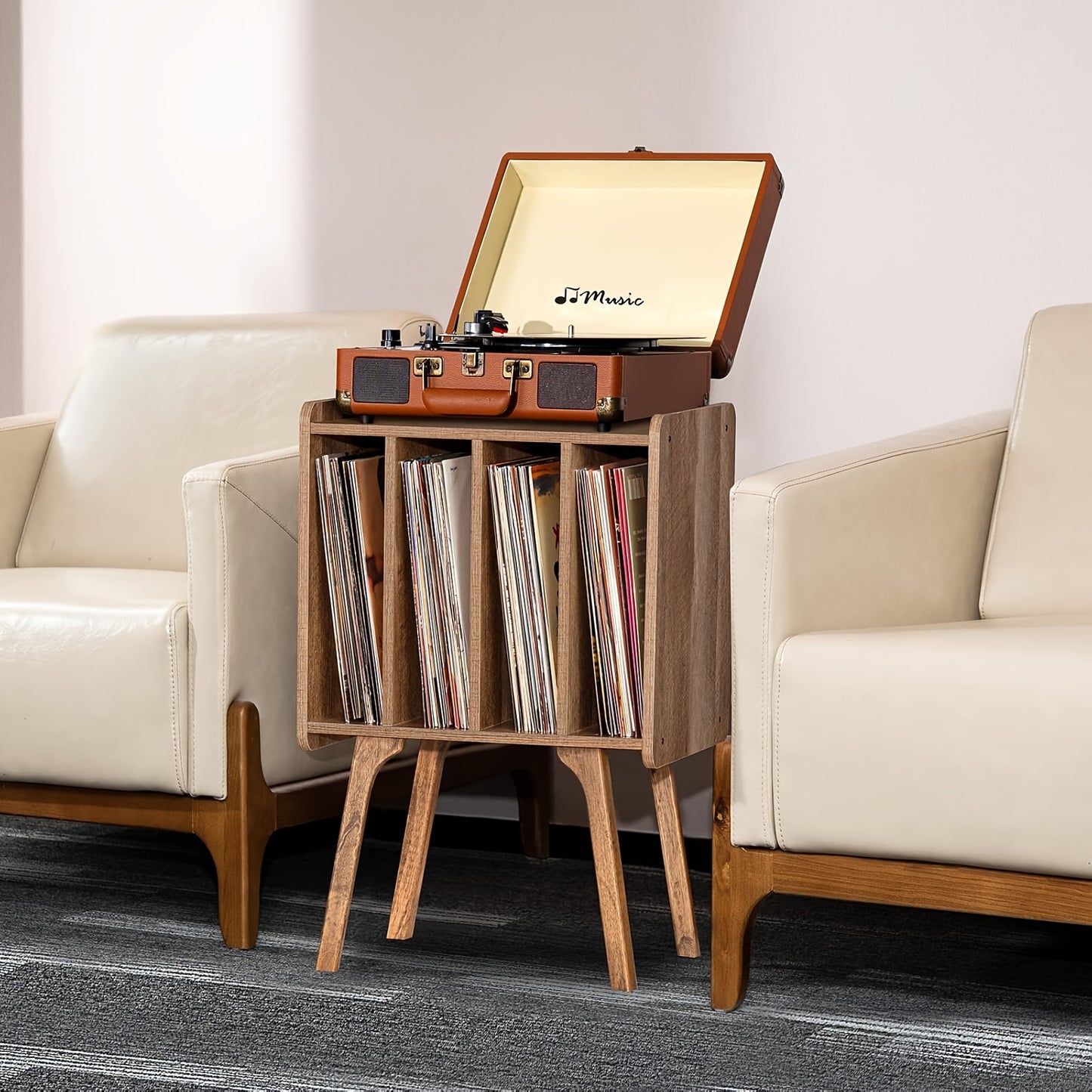Record Player Stand, Black Vinyl Record Storage Table With 4 Cabinet Up To 100 Albums, Mid-Century Turntable Stand With Wood Legs, Vinyl Holder Display Shelf For Lab